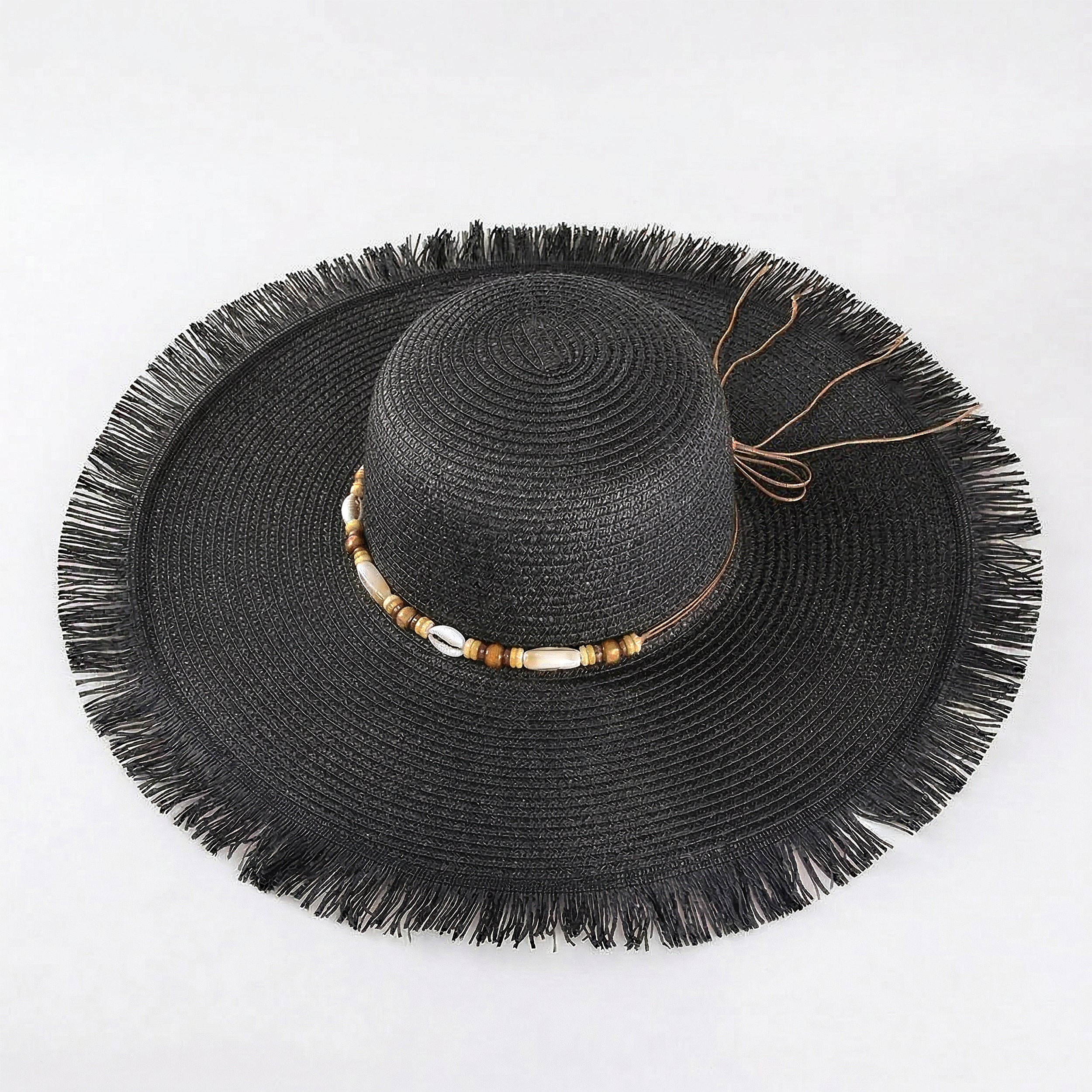 Anna-Kaci Wide Brim Straw Sun Hat with Fringe Edge and Beaded Band Summer Beach Sun Protection Hat