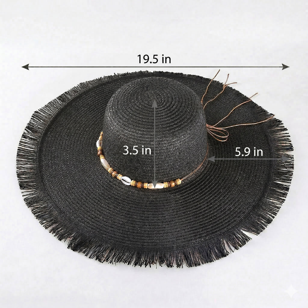 Anna-Kaci Wide Brim Straw Sun Hat with Fringe Edge and Beaded Band Summer Beach Sun Protection Hat