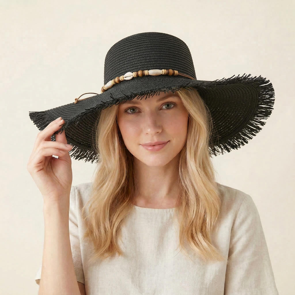 Anna-Kaci Wide Brim Straw Sun Hat with Fringe Edge and Beaded Band Summer Beach Sun Protection Hat