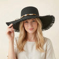 Anna-Kaci Wide Brim Straw Sun Hat with Fringe Edge and Beaded Band Summer Beach Sun Protection Hat