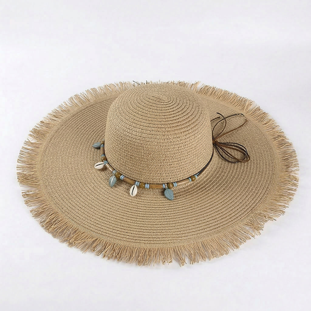 Anna-Kaci Wide Brim Straw Sun Hat with Fringe Edge and Beaded Band Summer Beach Sun Protection Hat