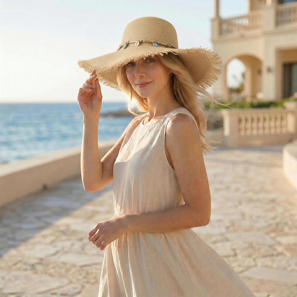 Anna-Kaci Wide Brim Straw Sun Hat with Fringe Edge and Beaded Band Summer Beach Sun Protection Hat