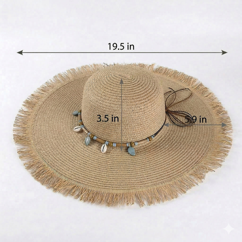 Anna-Kaci Wide Brim Straw Sun Hat with Fringe Edge and Beaded Band Summer Beach Sun Protection Hat