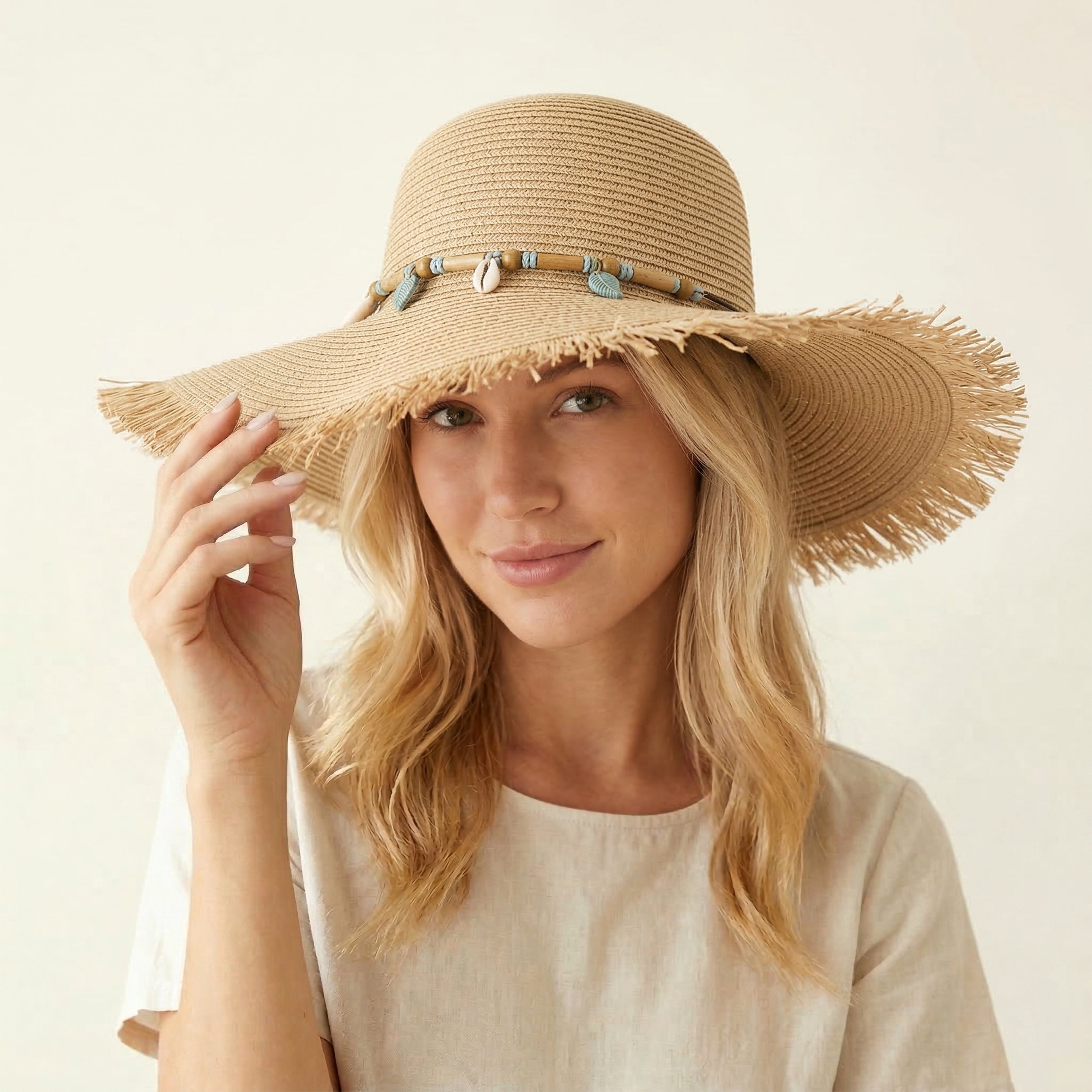 Anna-Kaci Wide Brim Straw Sun Hat with Fringe Edge and Beaded Band Summer Beach Sun Protection Hat