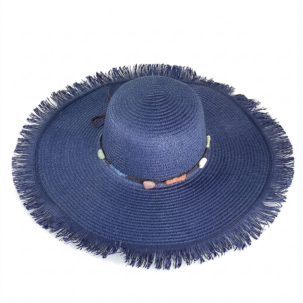 Anna-Kaci Wide Brim Straw Sun Hat with Fringe Edge and Beaded Band Summer Beach Sun Protection Hat
