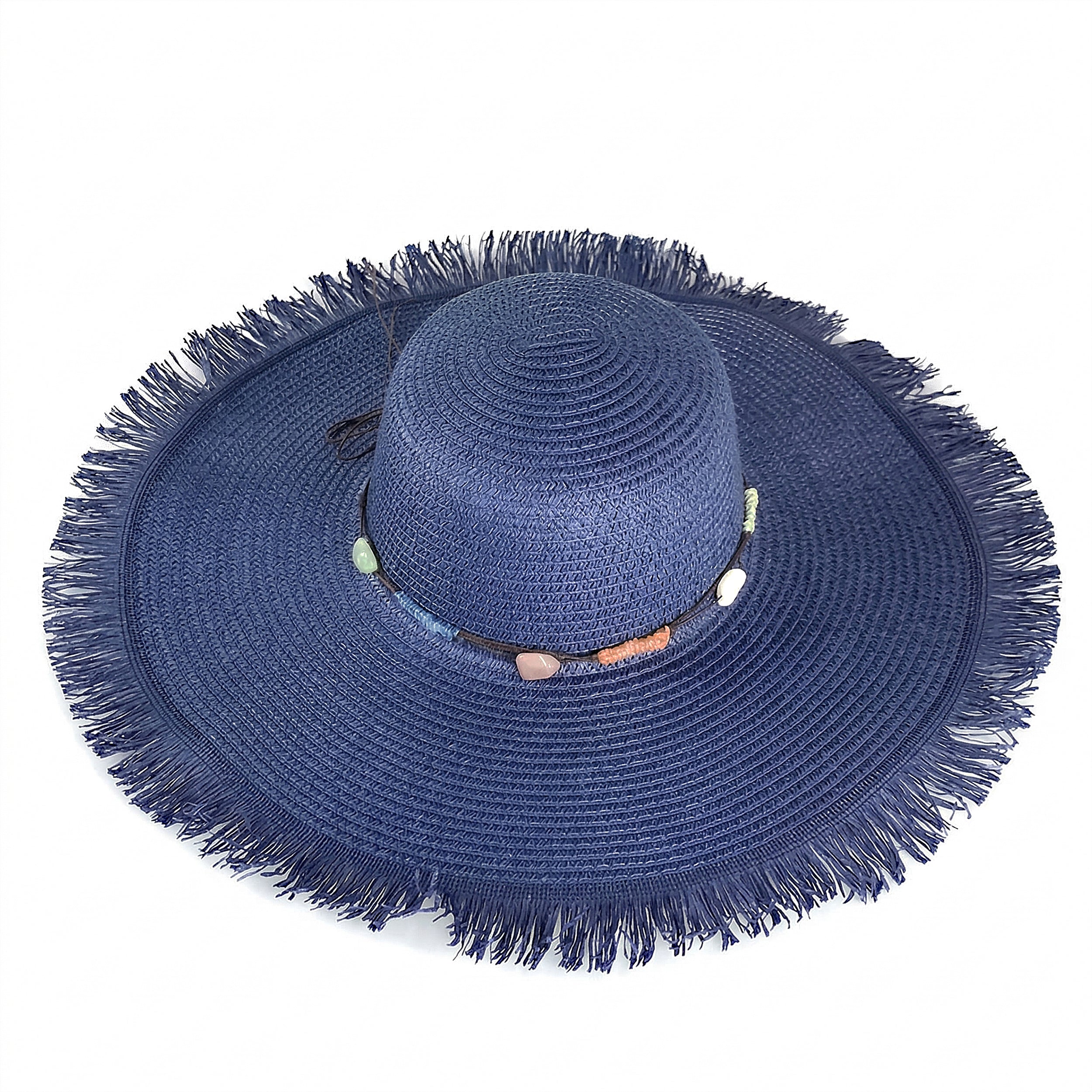 Anna-Kaci Wide Brim Straw Sun Hat with Fringe Edge and Beaded Band Summer Beach Sun Protection Hat
