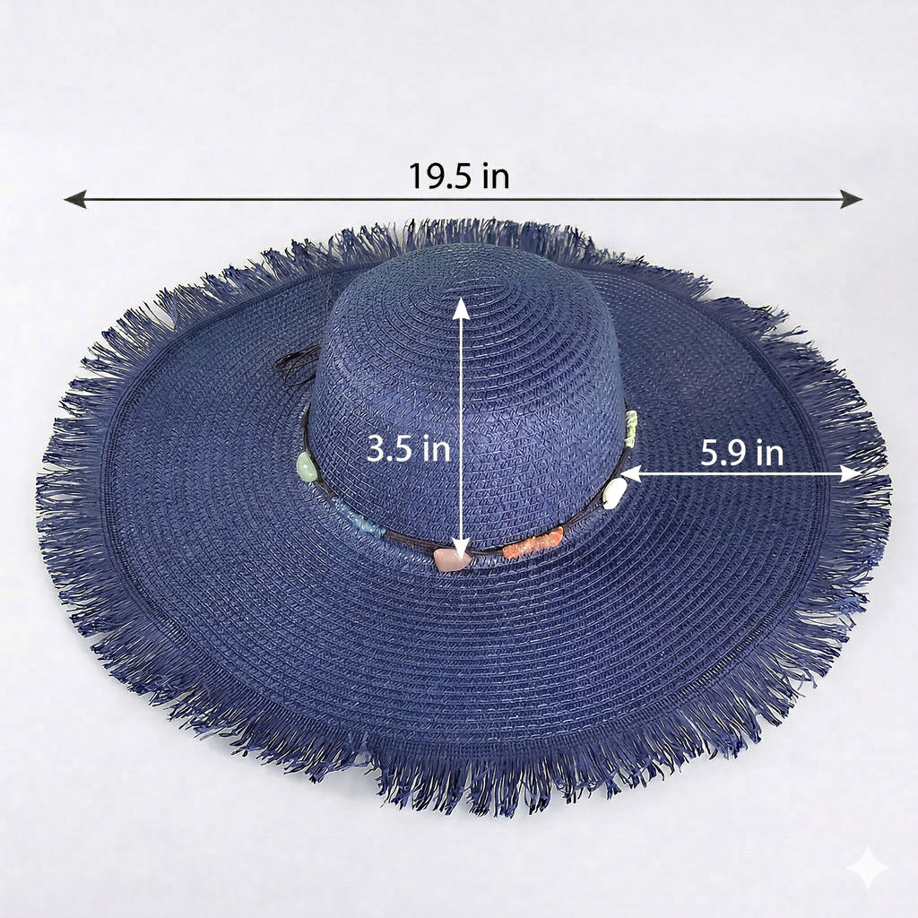 Anna-Kaci Wide Brim Straw Sun Hat with Fringe Edge and Beaded Band Summer Beach Sun Protection Hat