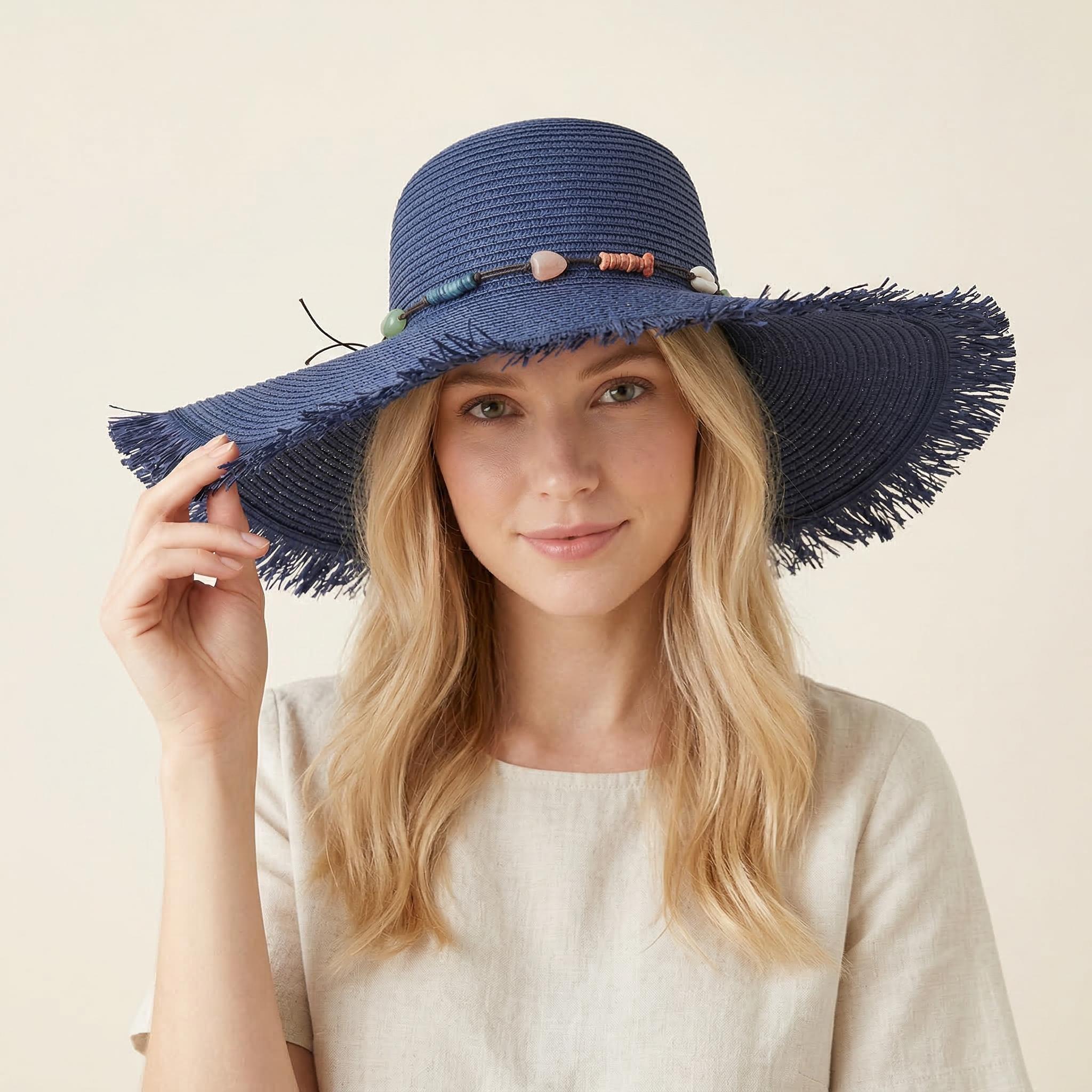 Anna-Kaci Wide Brim Straw Sun Hat with Fringe Edge and Beaded Band Summer Beach Sun Protection Hat