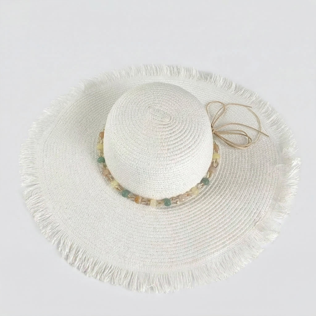 Anna-Kaci Wide Brim Straw Sun Hat with Fringe Edge and Beaded Band Summer Beach Sun Protection Hat