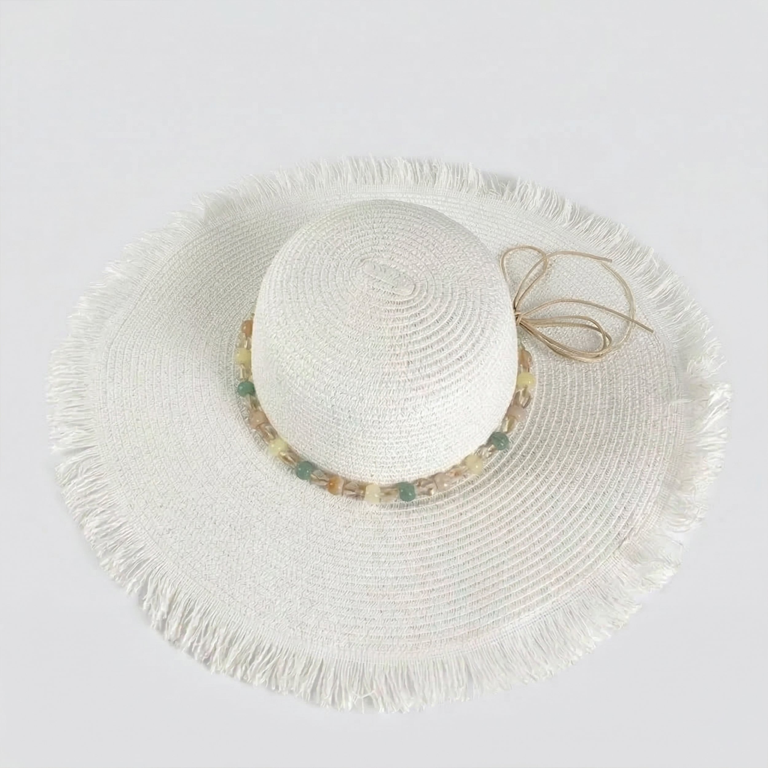 Anna-Kaci Wide Brim Straw Sun Hat with Fringe Edge and Beaded Band Summer Beach Sun Protection Hat