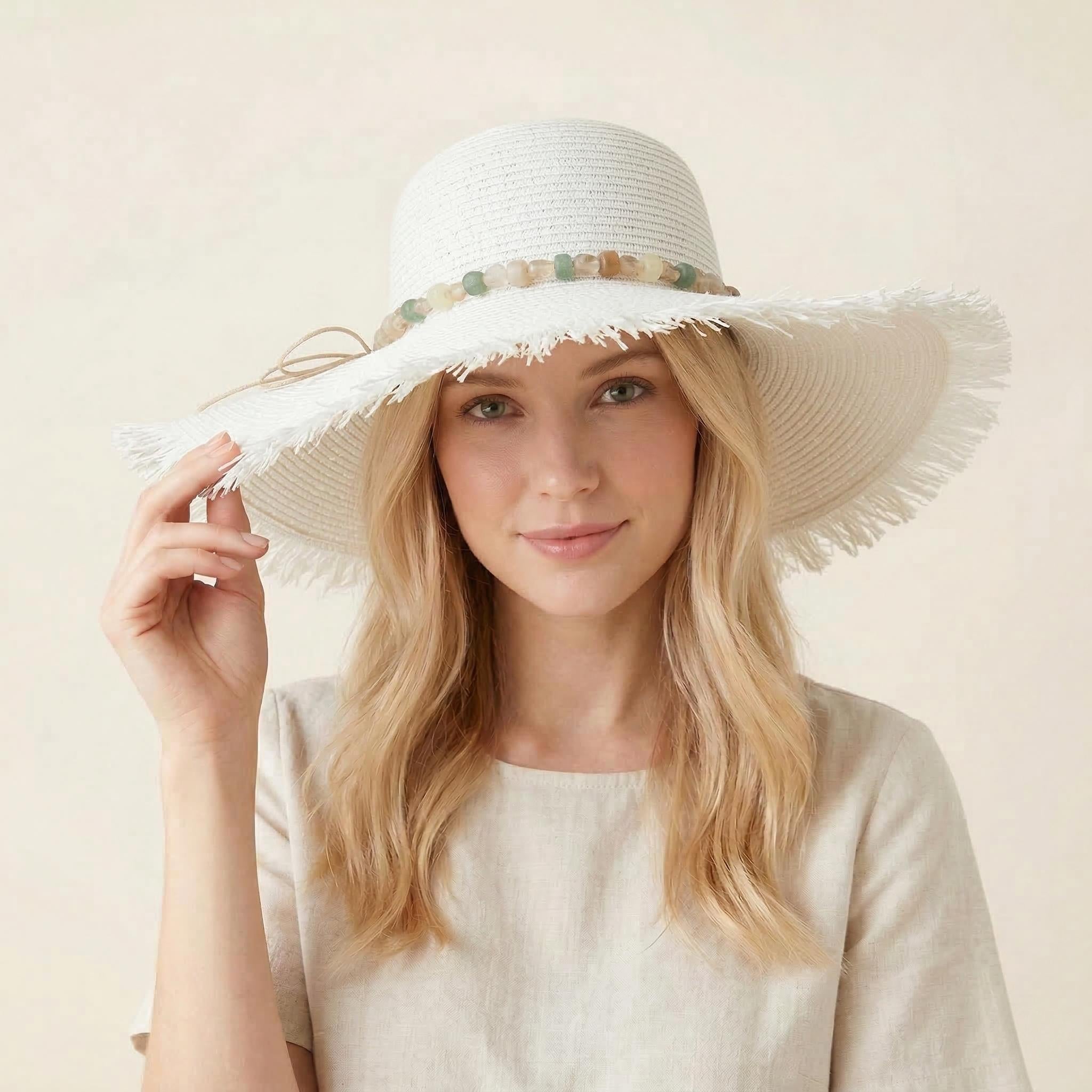 Anna-Kaci Wide Brim Straw Sun Hat with Fringe Edge and Beaded Band Summer Beach Sun Protection Hat