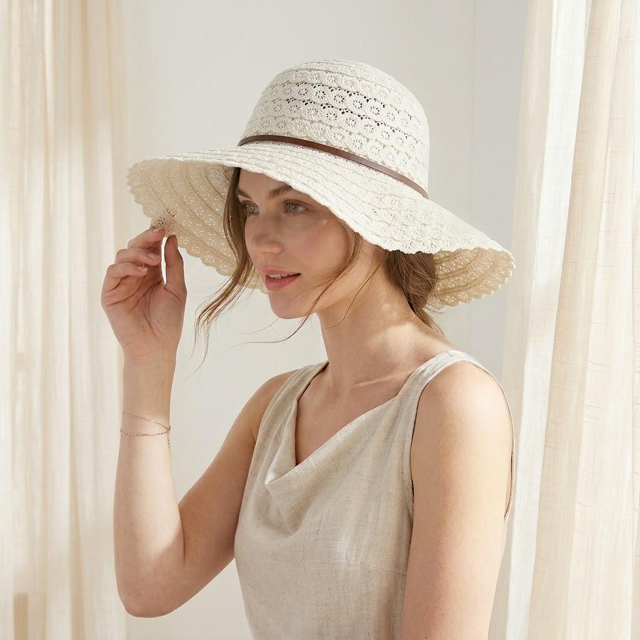 Anna-Kaci Women Wide Brim Crochet Sun Hat Lightweight Breathable Straw Hat with Chin Strap