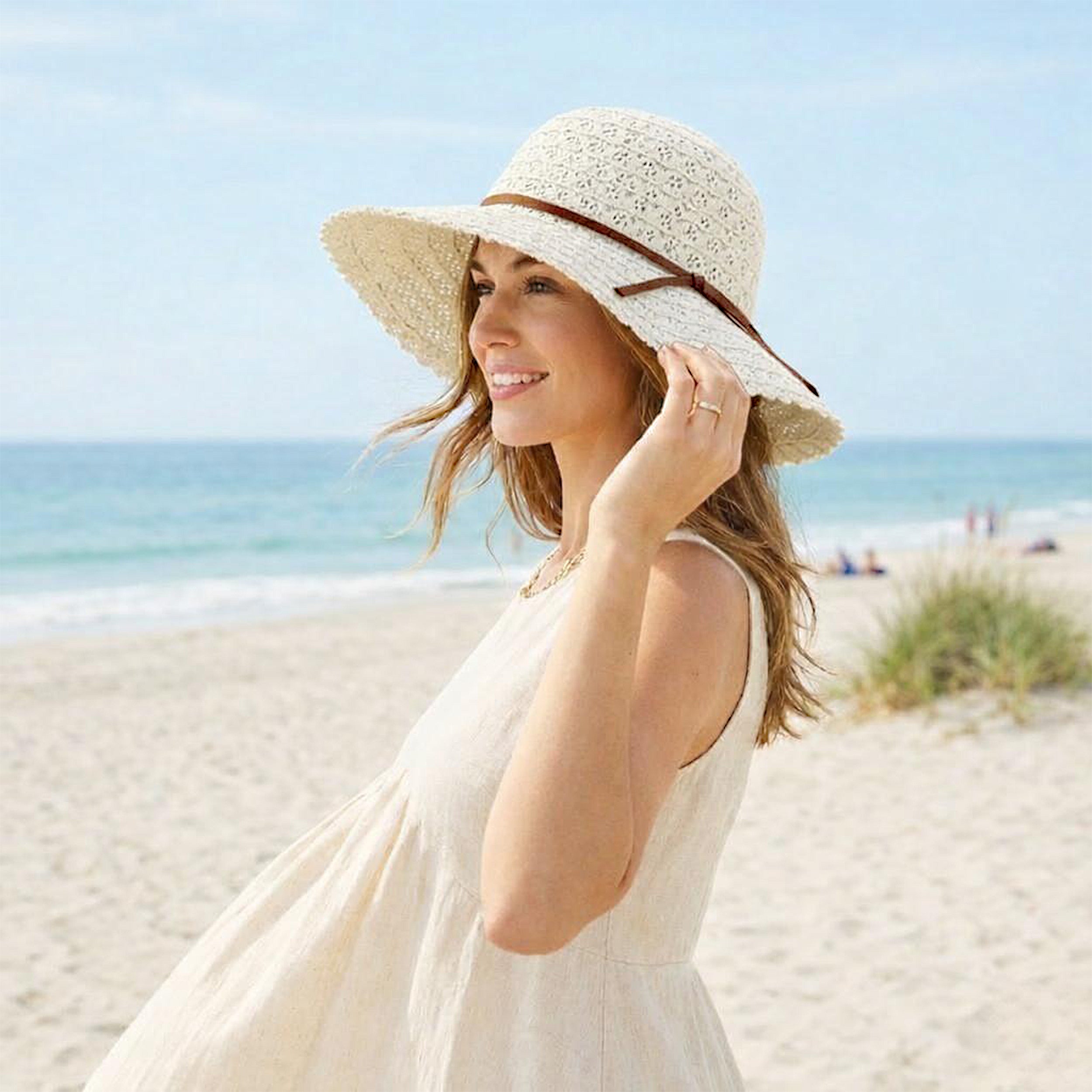 Anna-Kaci Women Wide Brim Crochet Sun Hat Lightweight Breathable Straw Hat with Chin Strap
