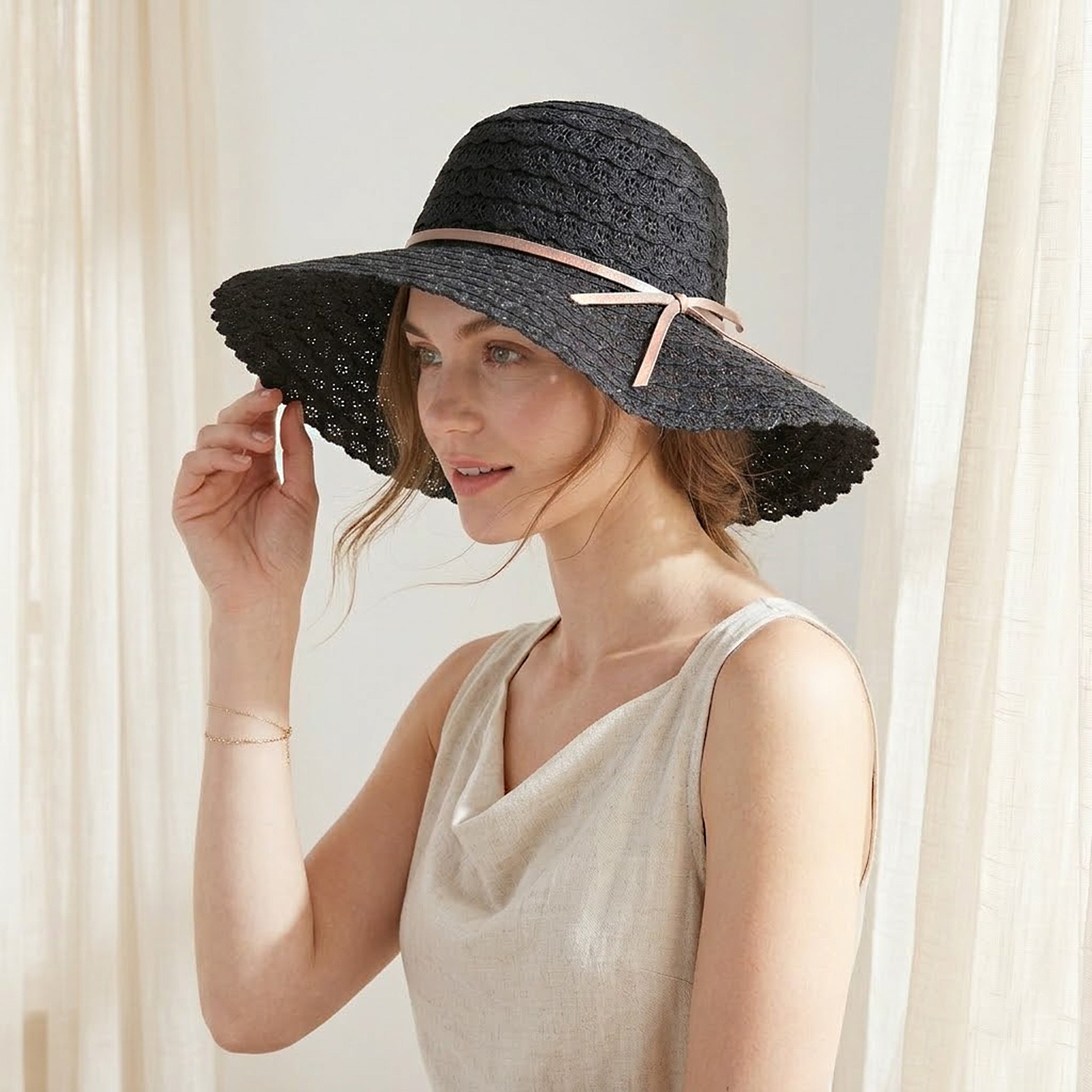 Anna-Kaci Women Wide Brim Crochet Sun Hat Lightweight Breathable Straw Hat with Chin Strap