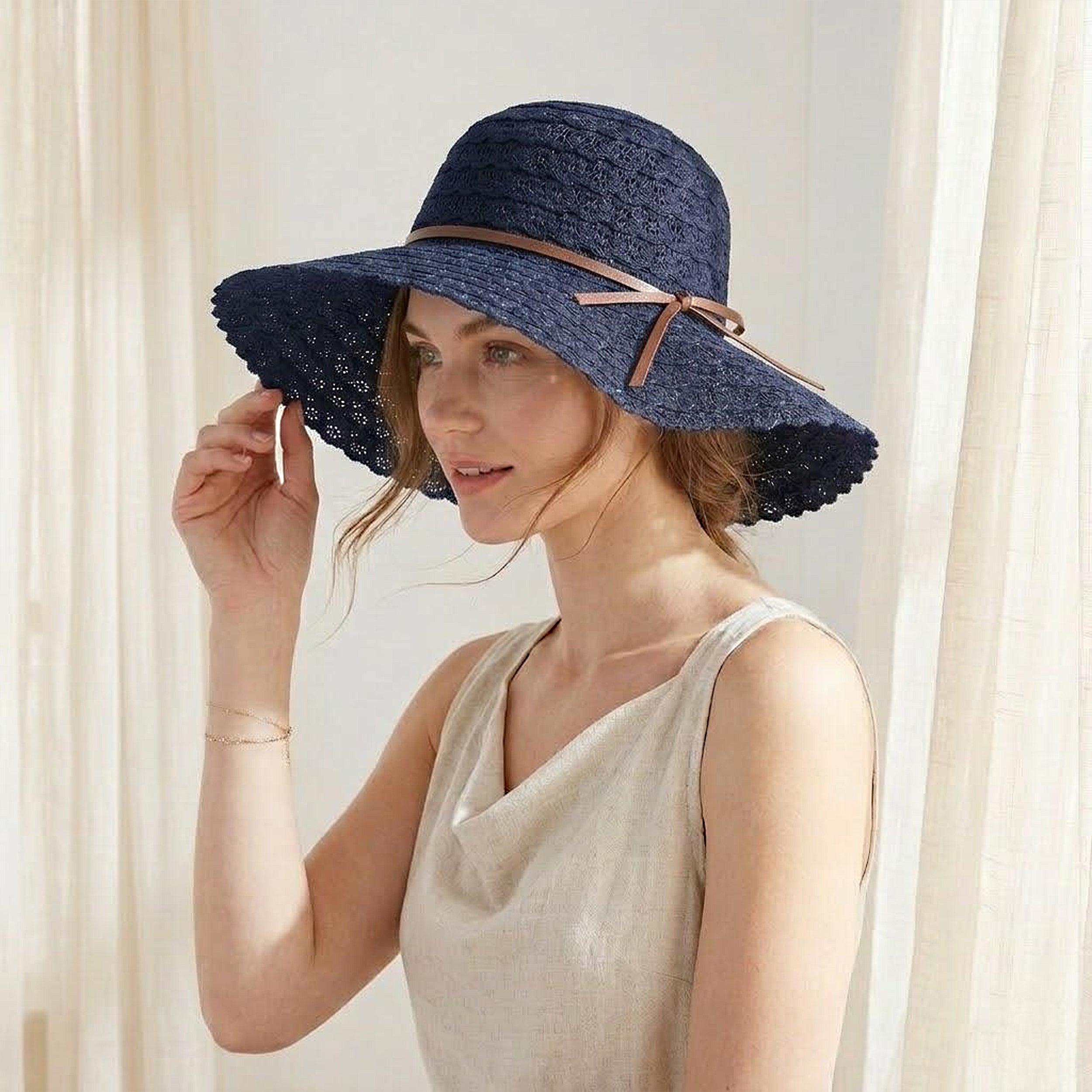 Anna-Kaci Women Wide Brim Crochet Sun Hat Lightweight Breathable Straw Hat with Chin Strap