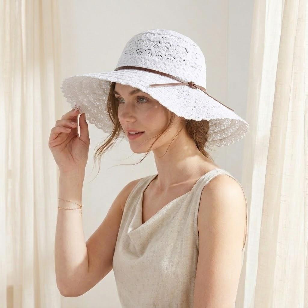 Anna-Kaci Women Wide Brim Crochet Sun Hat Lightweight Breathable Straw Hat with Chin Strap