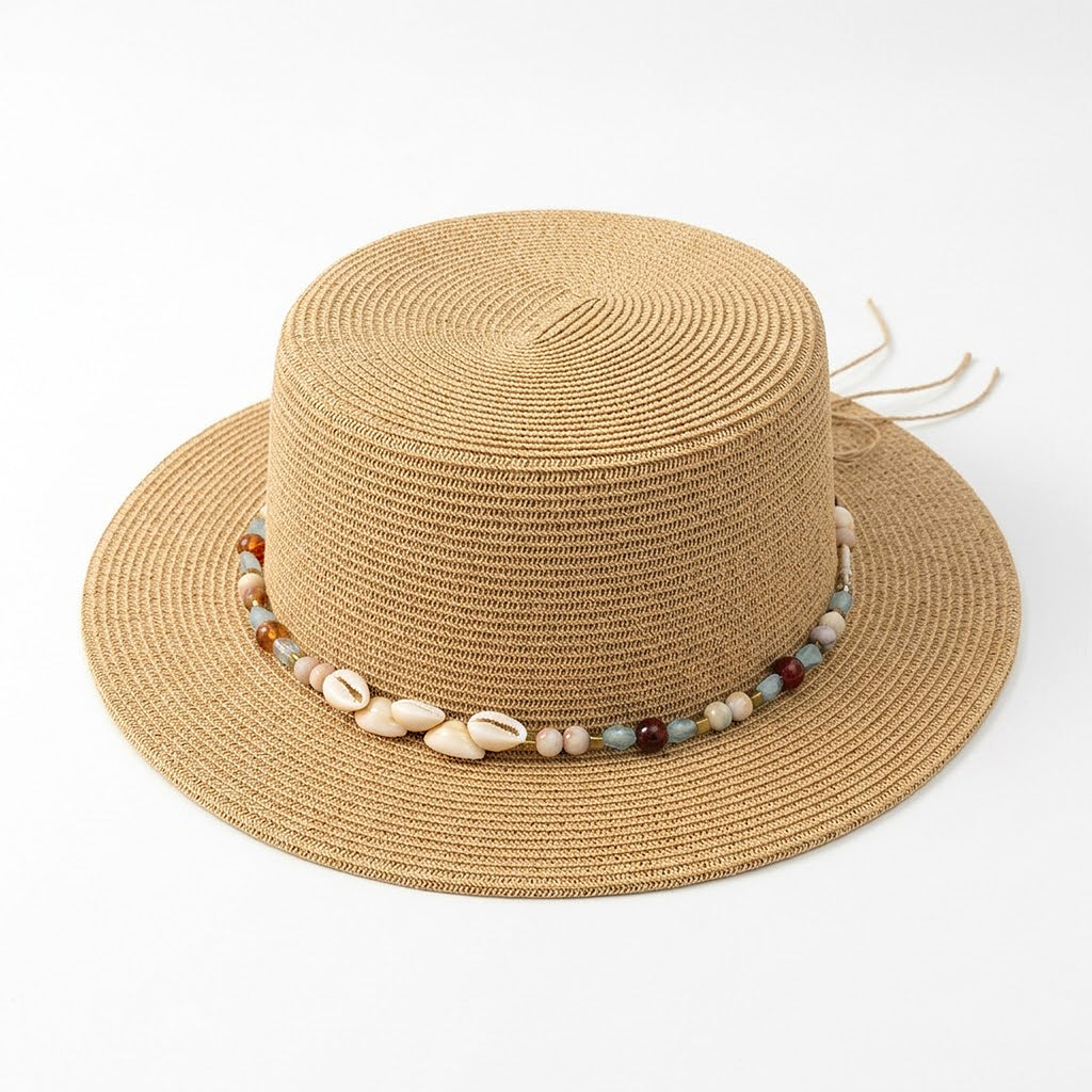 Anna-Kaci Women Straw Boater Hat Wide Brim Summer Sun Hat with Beaded Band Lightweight