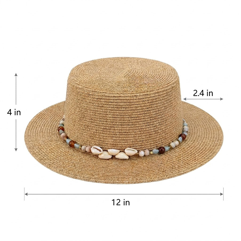 Anna-Kaci Women Straw Boater Hat Wide Brim Summer Sun Hat with Beaded Band Lightweight