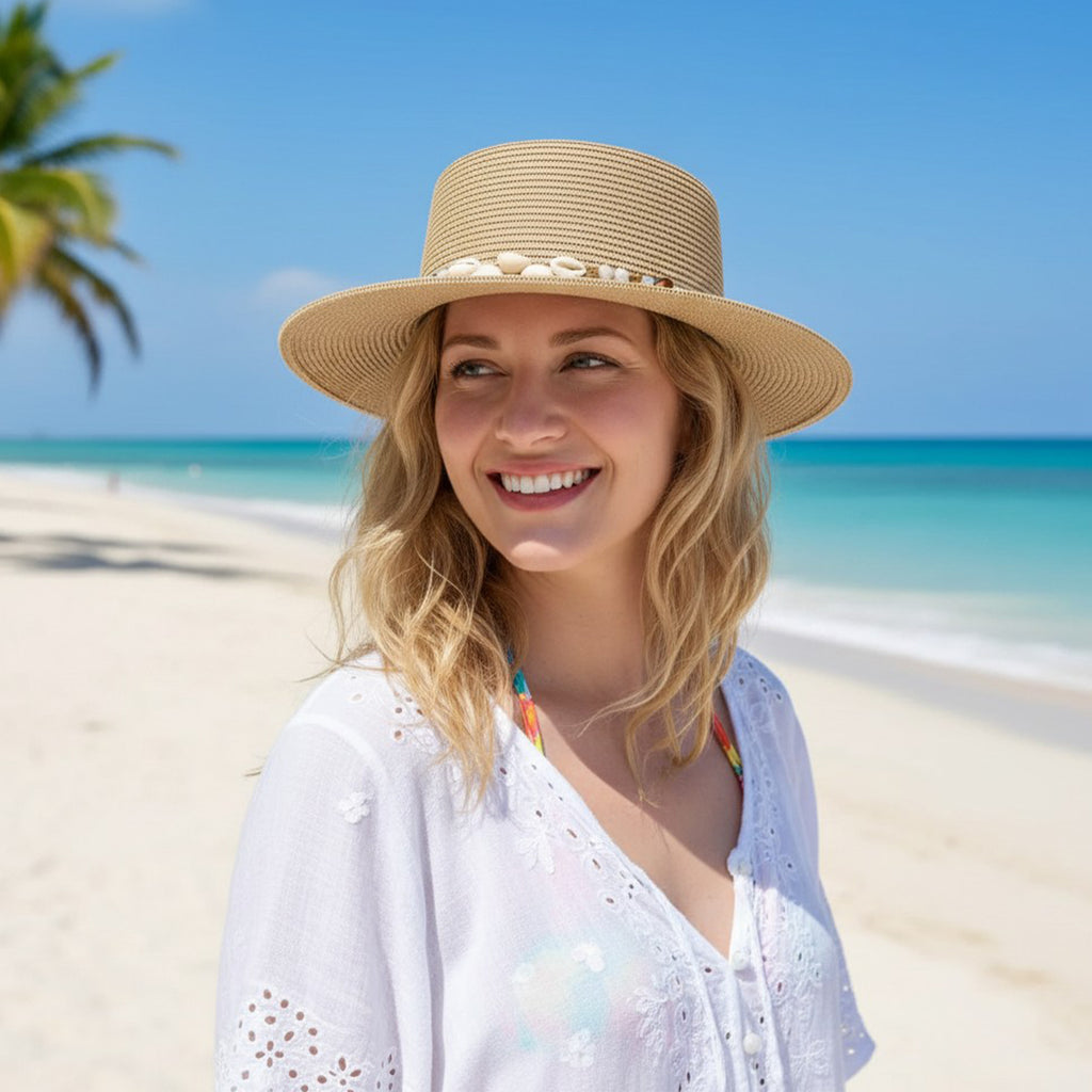 Anna-Kaci Women Straw Boater Hat Wide Brim Summer Sun Hat with Beaded Band Lightweight