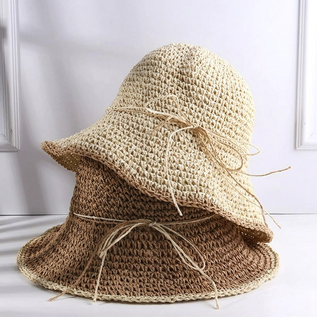 Anna-Kaci Women Crochet Bucket Hat Lightweight Breathable Straw Summer Hat with Tie Detail