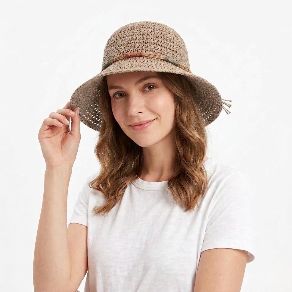 Anna-Kaci Women Crochet Bucket Hat Lightweight Breathable Straw Sun Hat with Woven Band