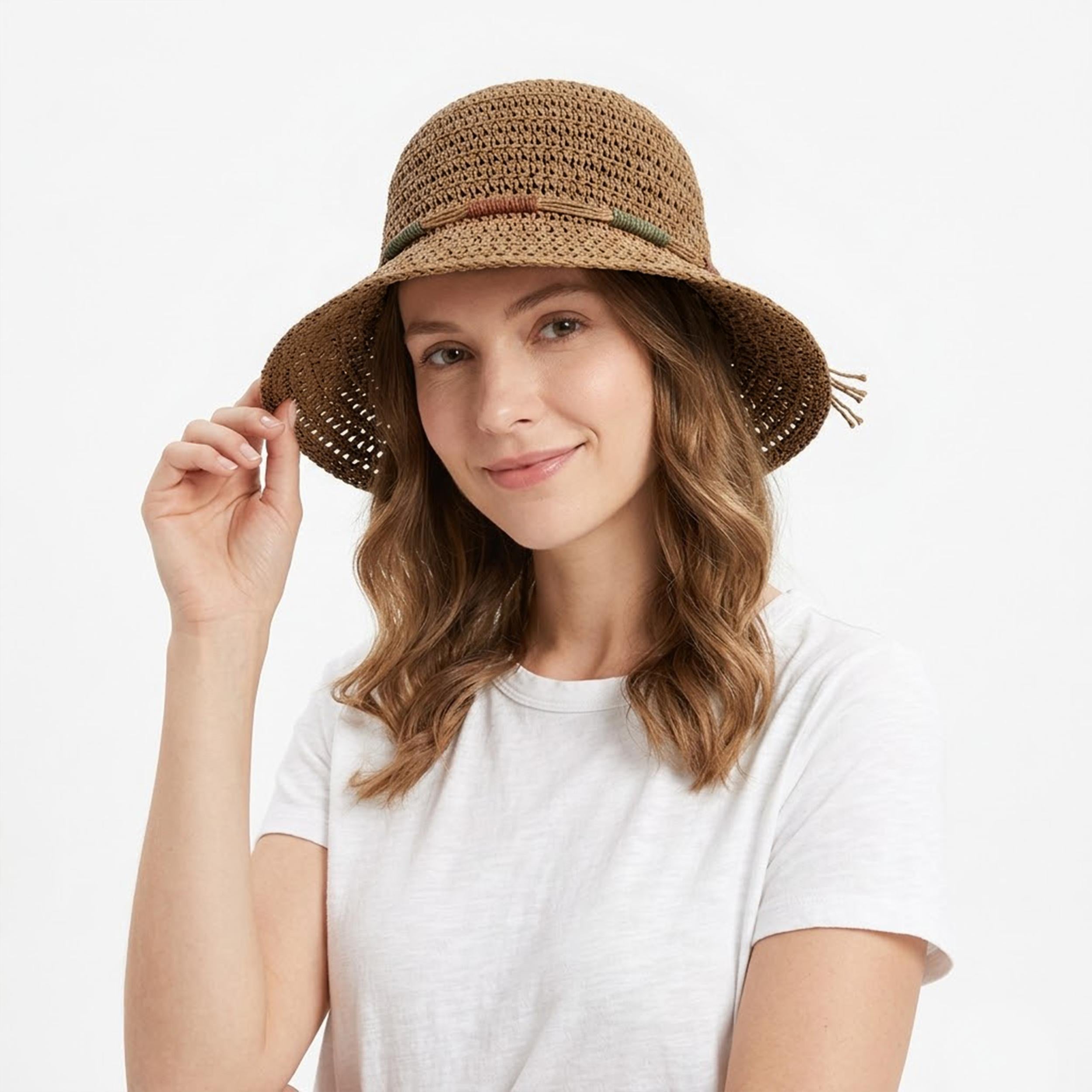 Anna-Kaci Women Crochet Bucket Hat Lightweight Breathable Straw Sun Hat with Woven Band