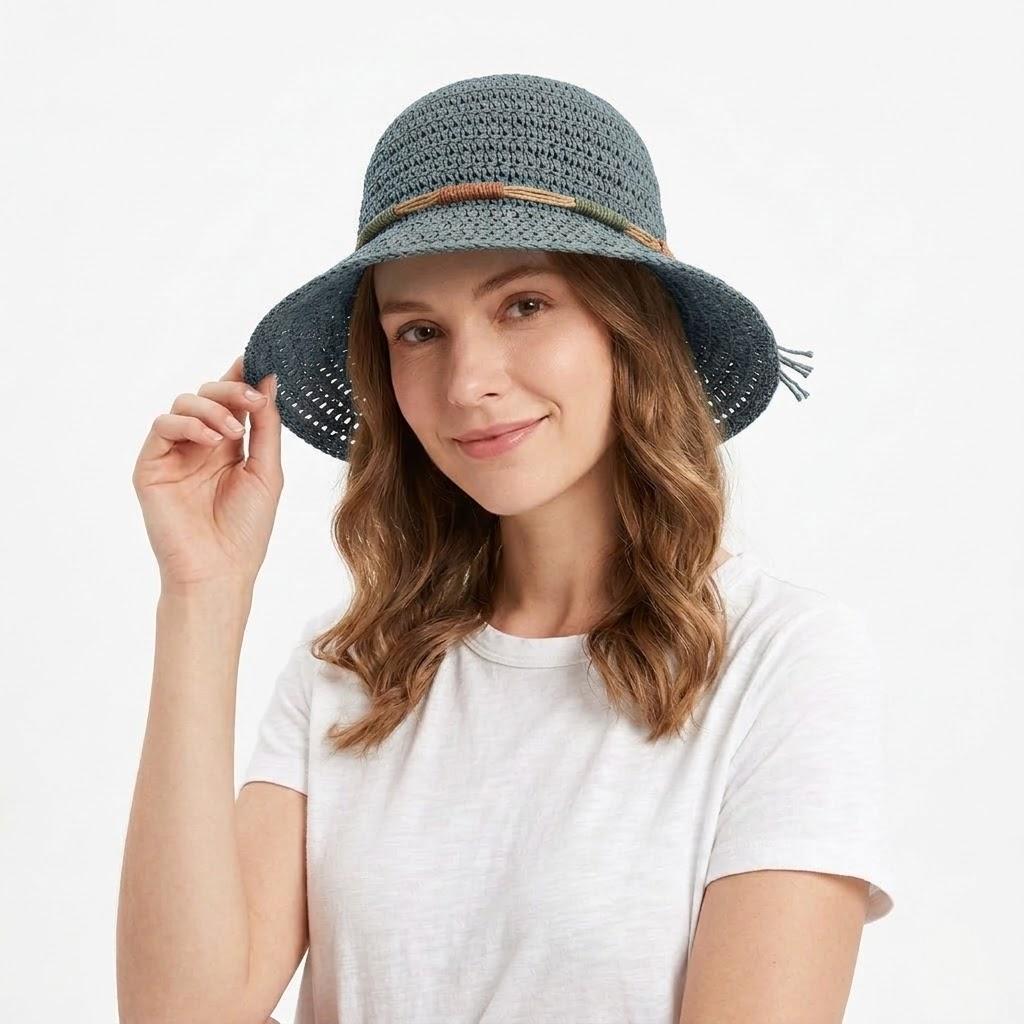 Anna-Kaci Women Crochet Bucket Hat Lightweight Breathable Straw Sun Hat with Woven Band