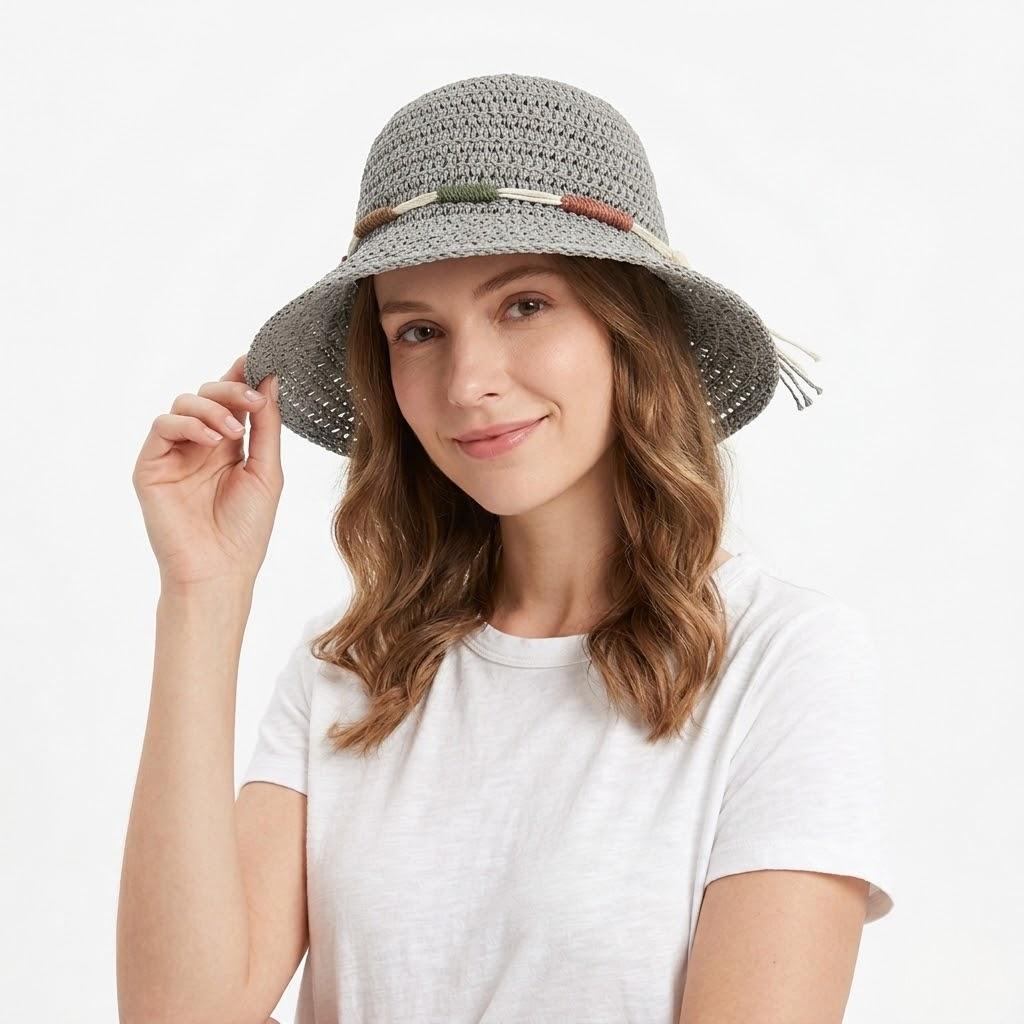 Anna-Kaci Women Crochet Bucket Hat Lightweight Breathable Straw Sun Hat with Woven Band