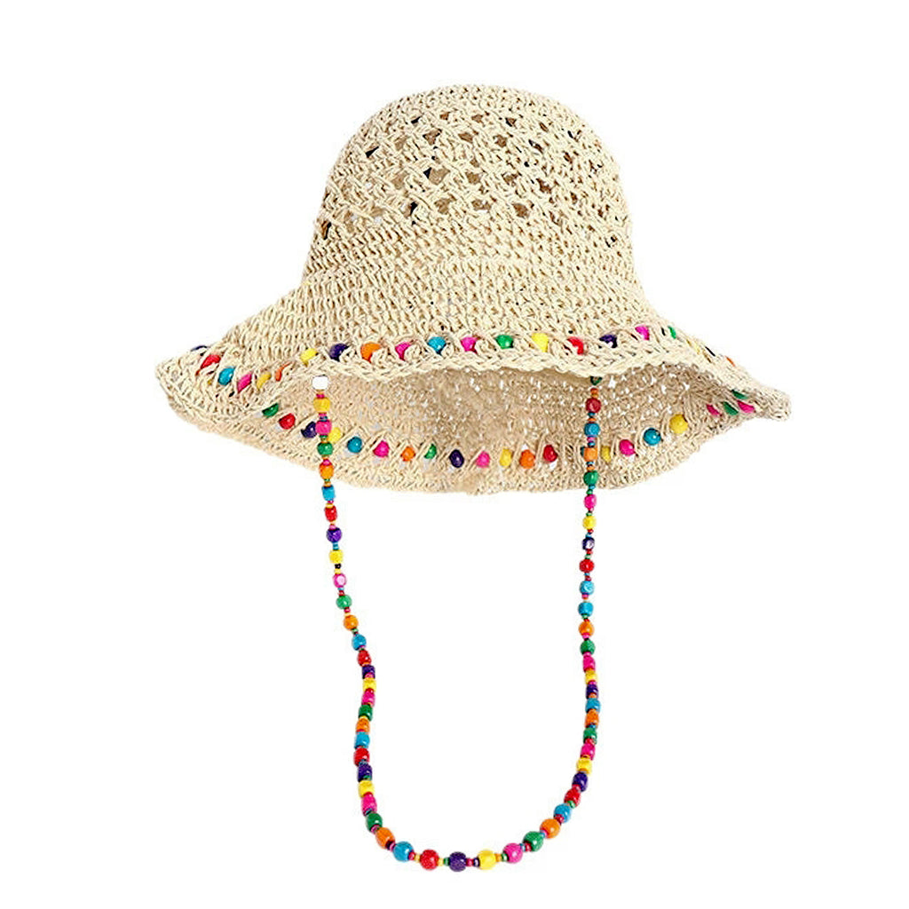 Anna-Kaci Women Crochet Bucket Hat with Colorful Beaded Chin Strap Lightweight Summer Sun Hat