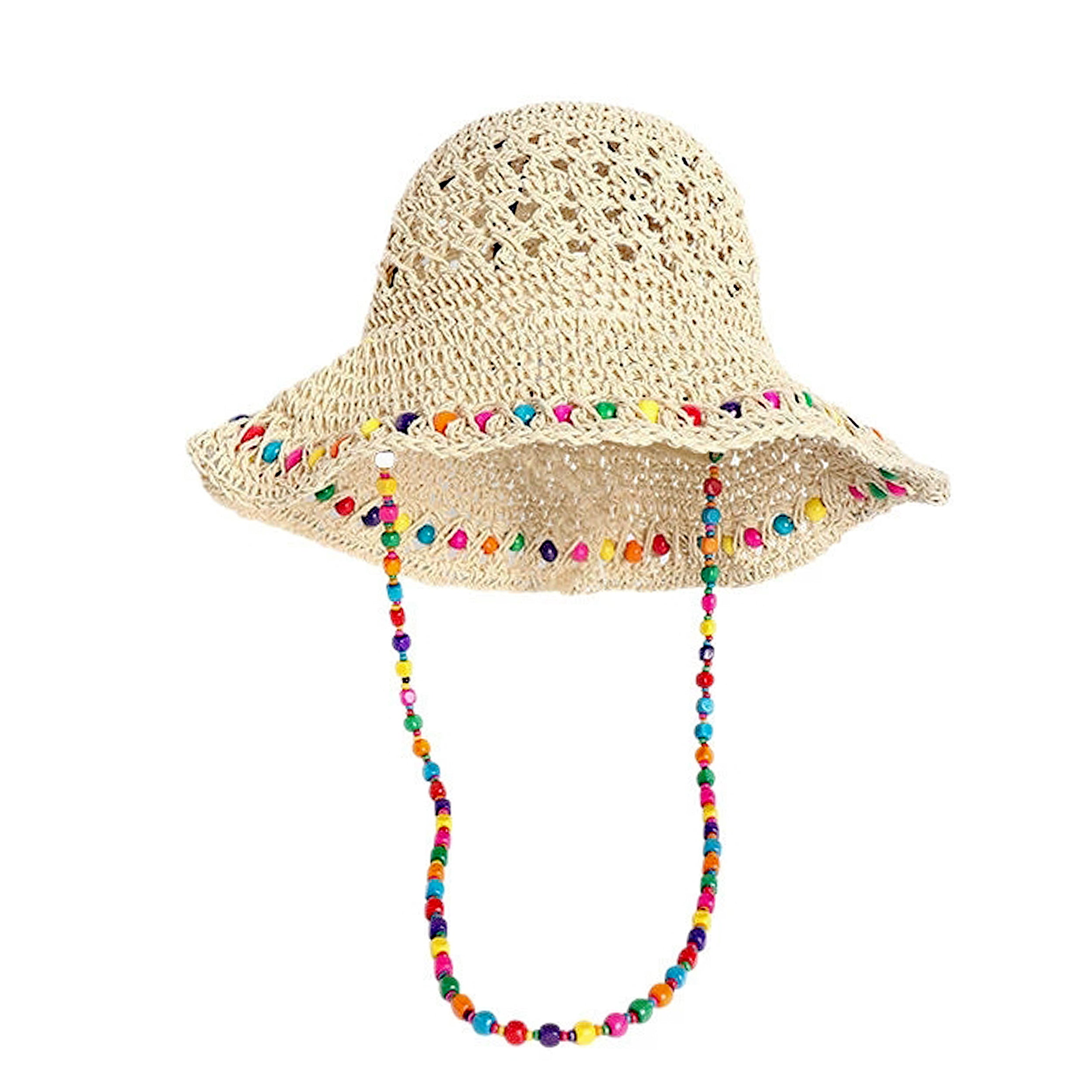 Anna-Kaci Women Crochet Bucket Hat with Colorful Beaded Chin Strap Lightweight Summer Sun Hat