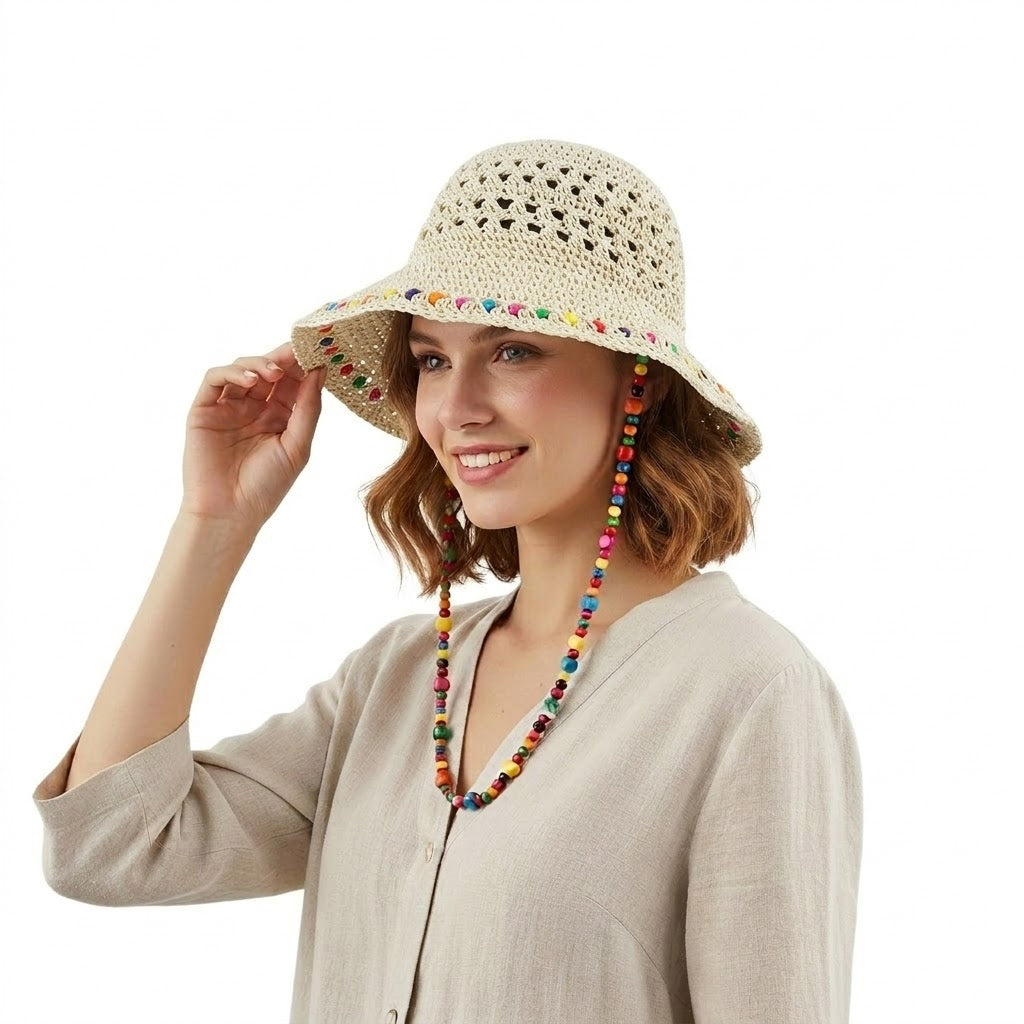 Anna-Kaci Women Crochet Bucket Hat with Colorful Beaded Chin Strap Lightweight Summer Sun Hat