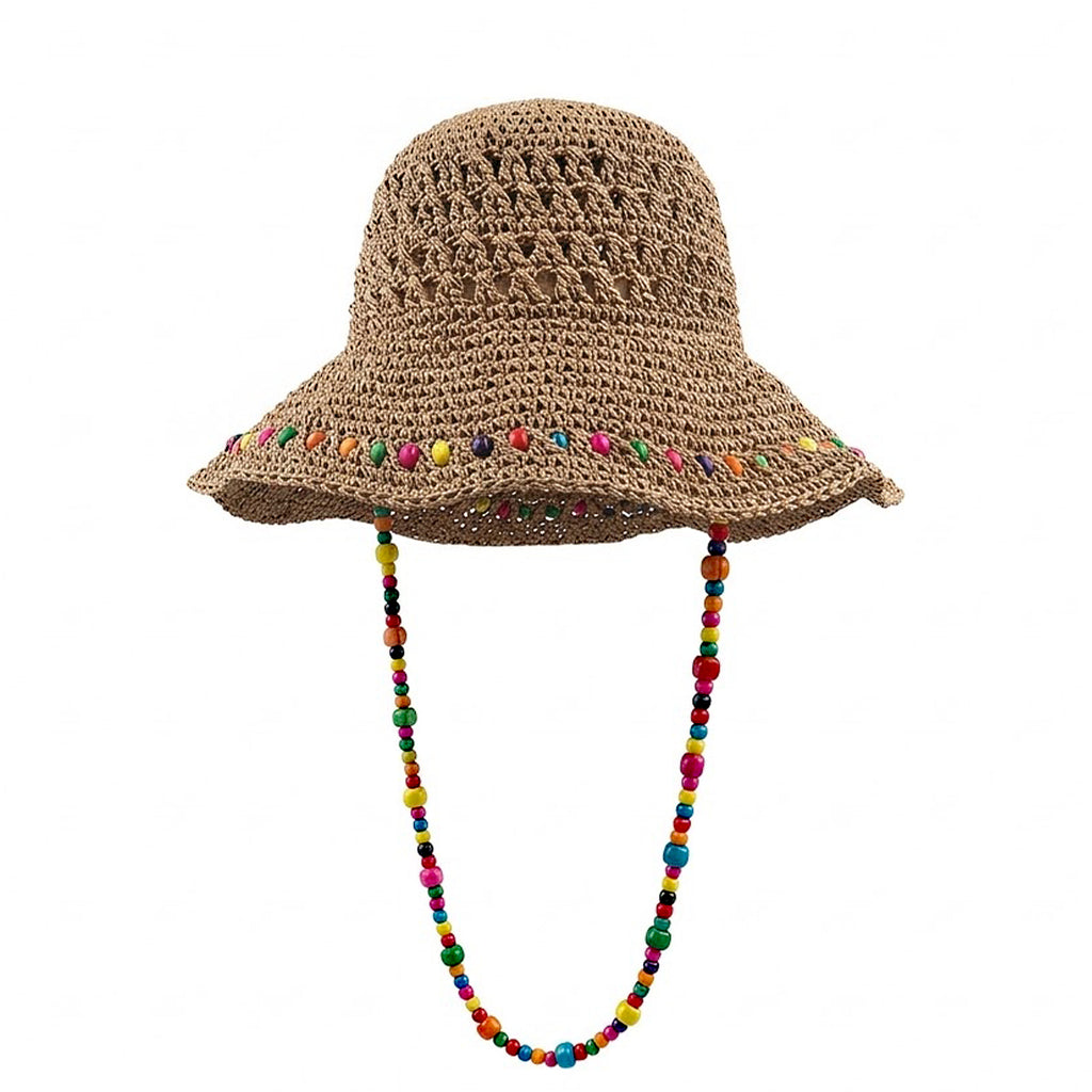 Anna-Kaci Women Crochet Bucket Hat with Colorful Beaded Chin Strap Lightweight Summer Sun Hat