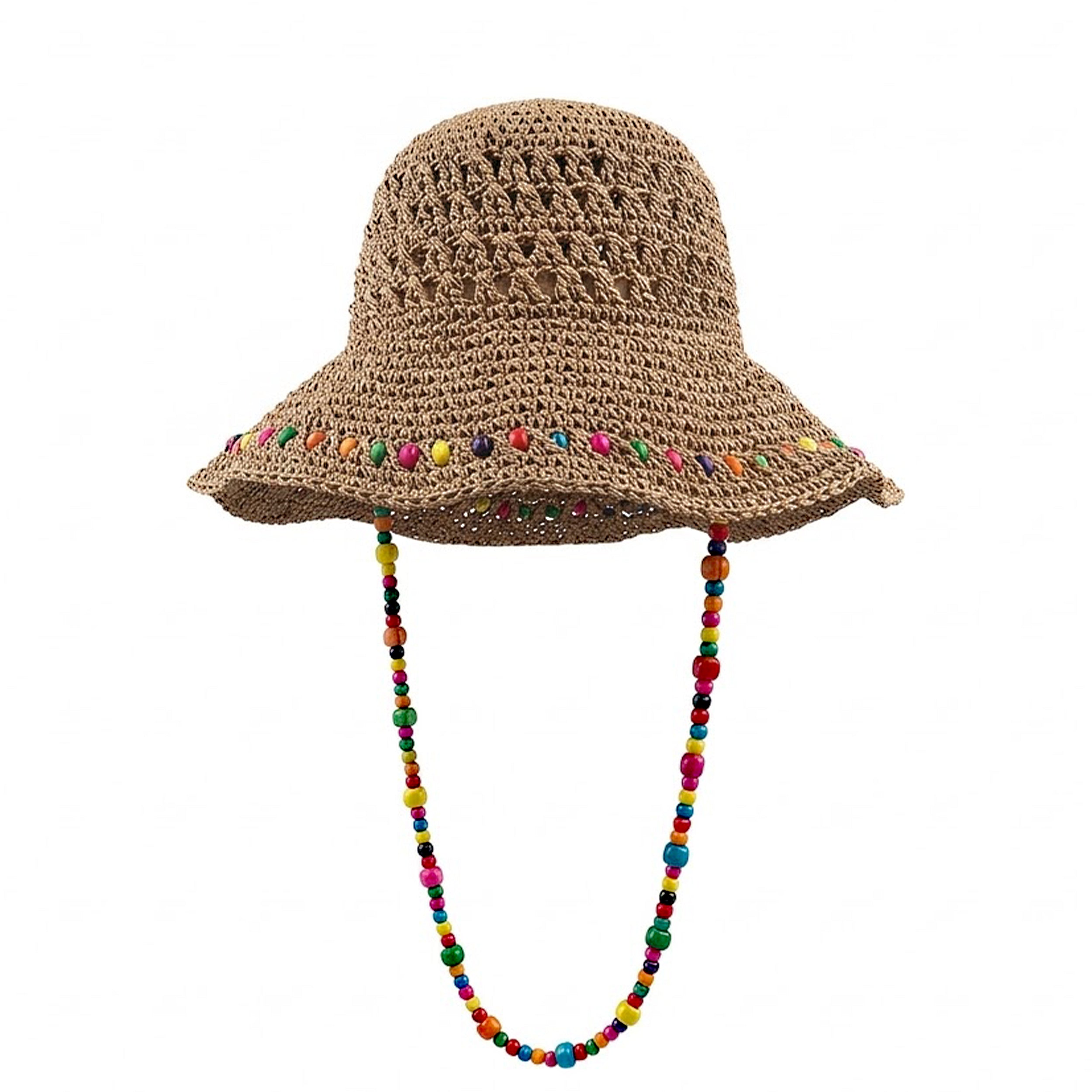 Anna-Kaci Women Crochet Bucket Hat with Colorful Beaded Chin Strap Lightweight Summer Sun Hat