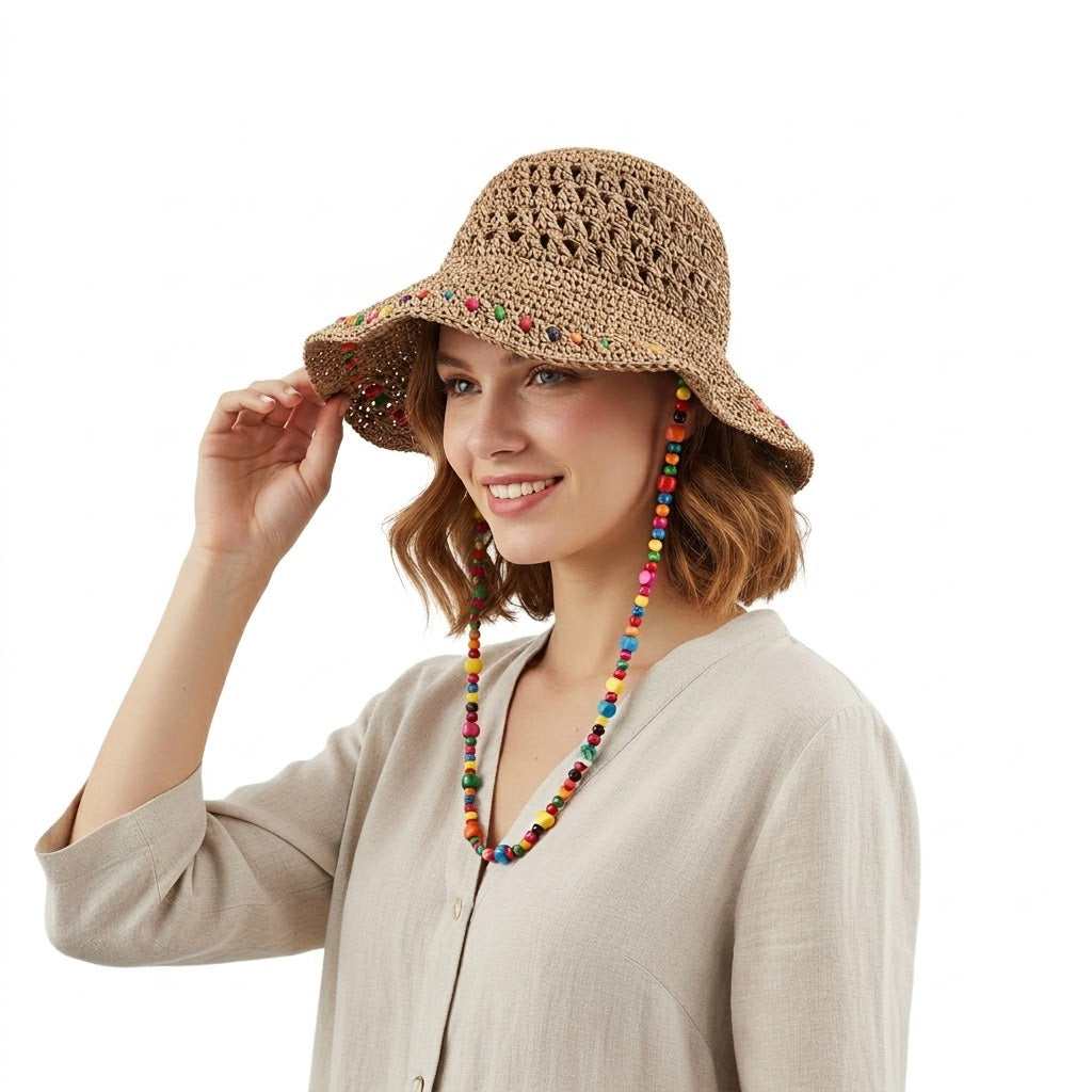Anna-Kaci Women Crochet Bucket Hat with Colorful Beaded Chin Strap Lightweight Summer Sun Hat