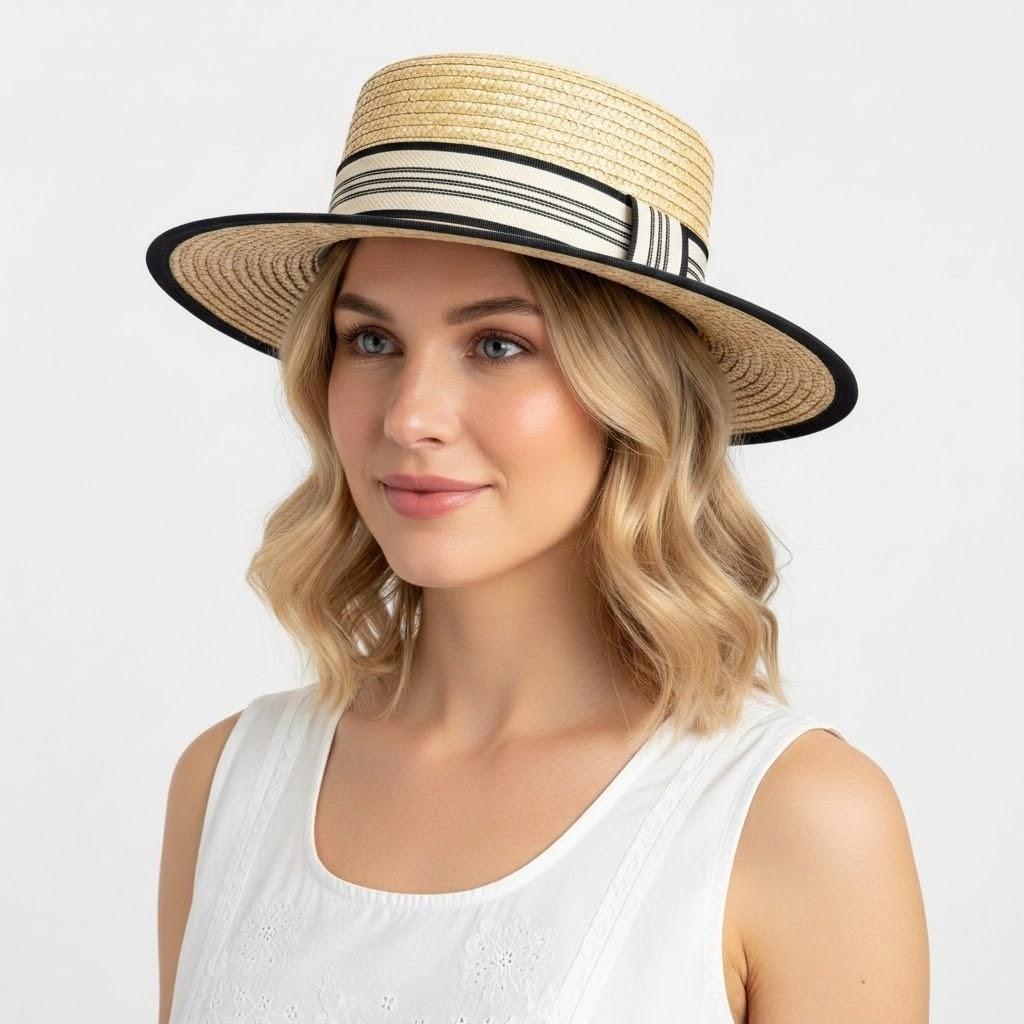 Anna-Kaci Women Straw Boater Hat Wide Brim Summer Sun Hat with Striped Band Trim