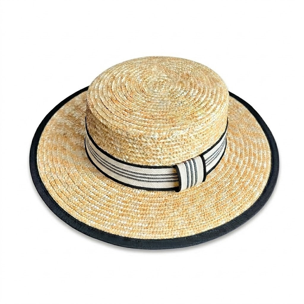 Anna-Kaci Women Straw Boater Hat Wide Brim Summer Sun Hat with Striped Band Trim