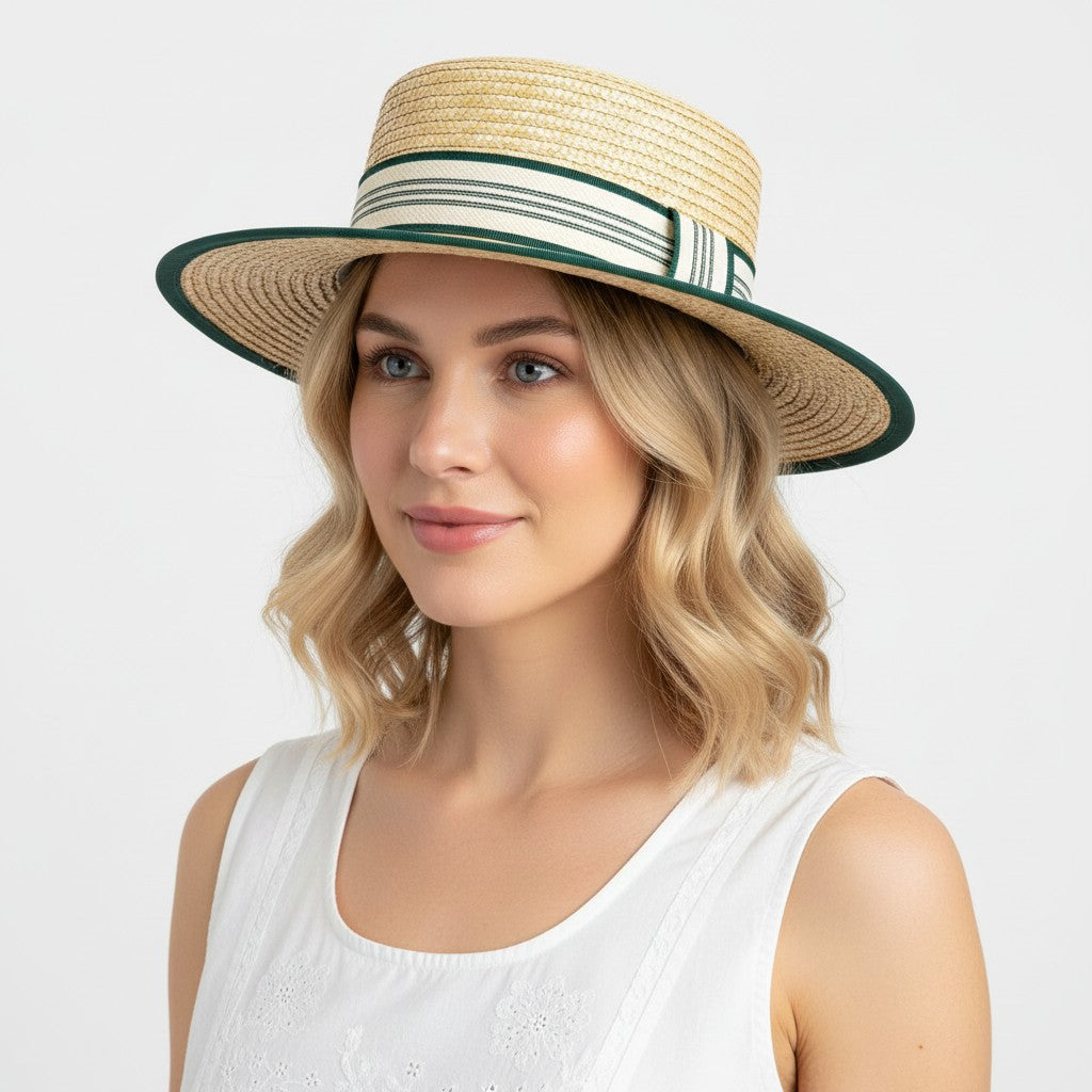 Anna-Kaci Women Straw Boater Hat Wide Brim Summer Sun Hat with Striped Band Trim