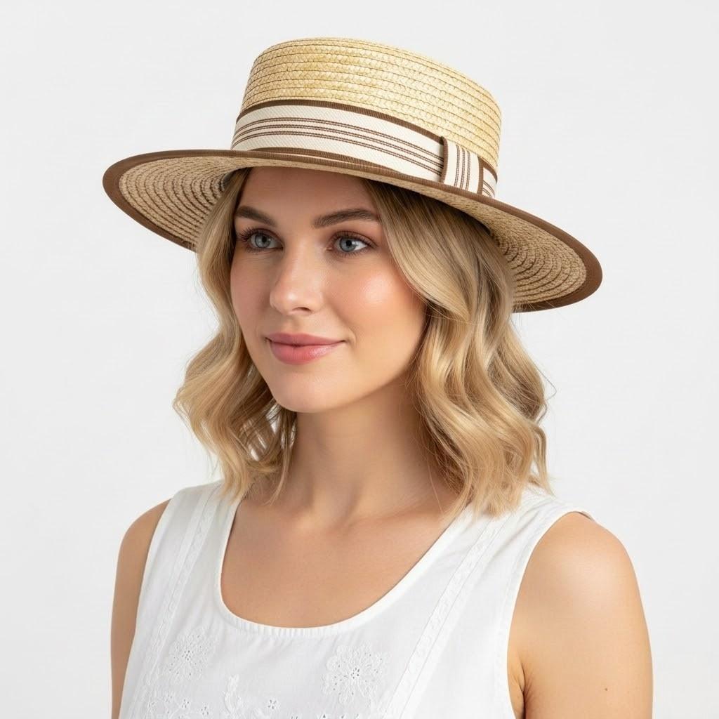 Anna-Kaci Women Straw Boater Hat Wide Brim Summer Sun Hat with Striped Band Trim