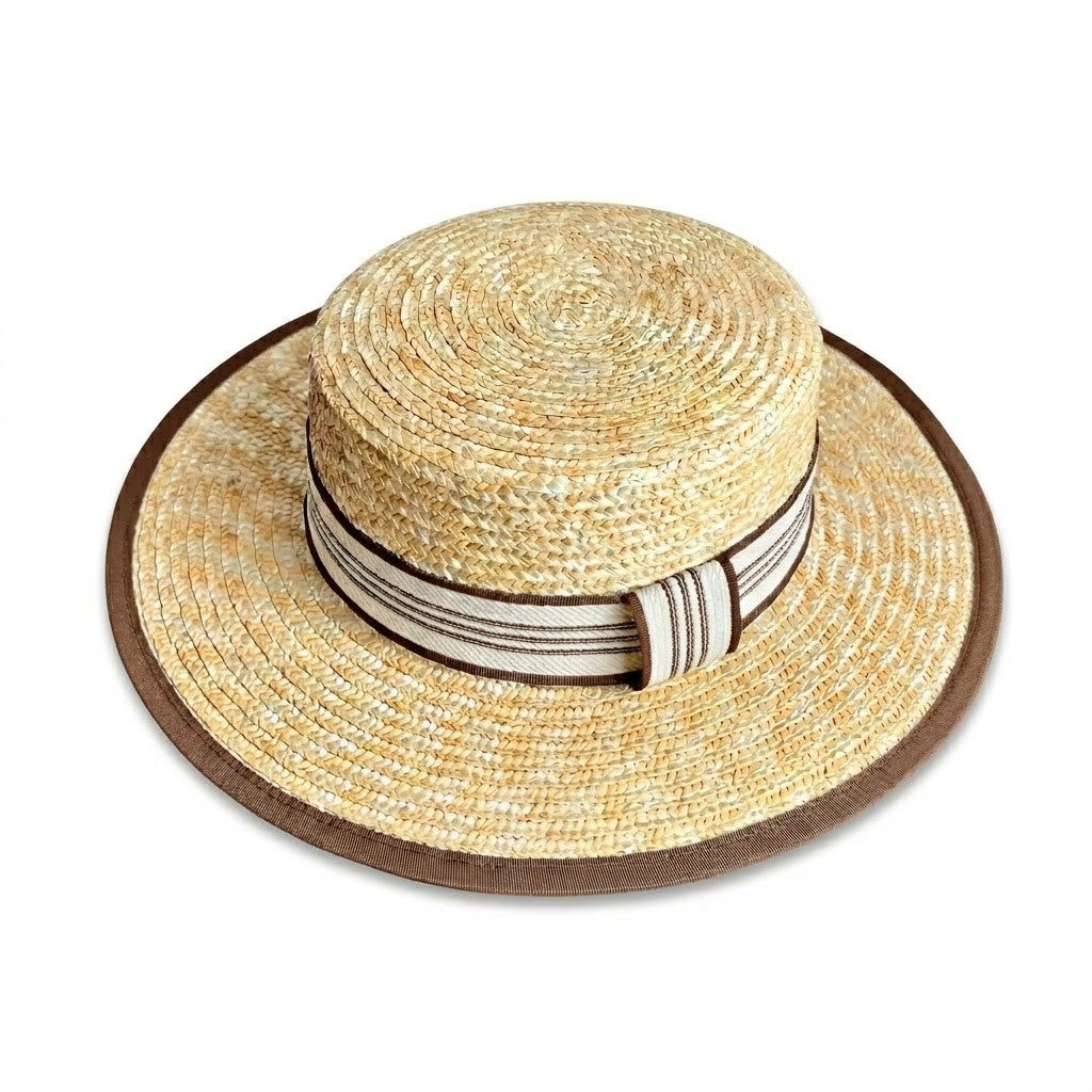Anna-Kaci Women Straw Boater Hat Wide Brim Summer Sun Hat with Striped Band Trim