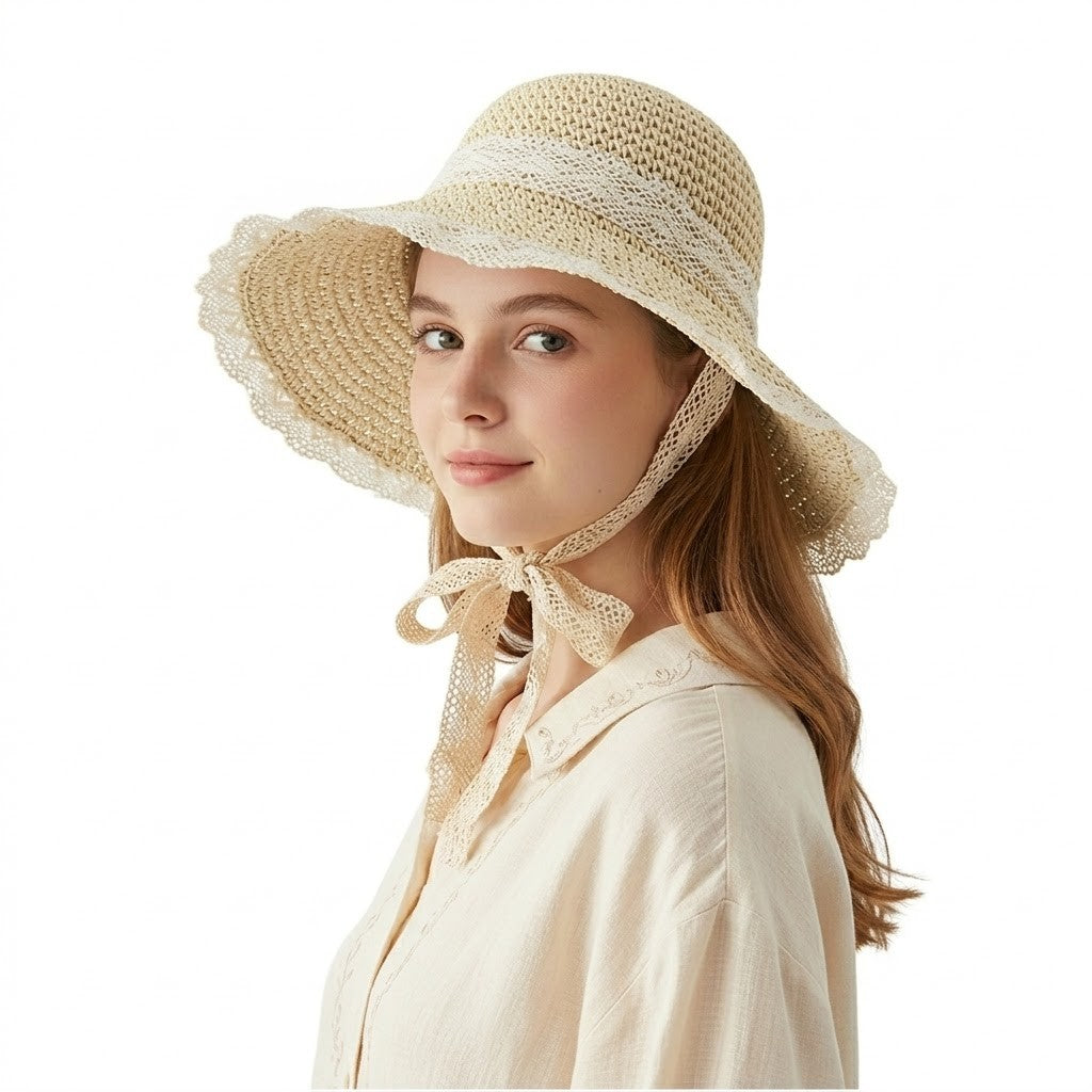 Anna-Kaci Women's Wide Brim Straw Sun Hat with Lace Trim & Tie, UV Protection Summer Beach Hat