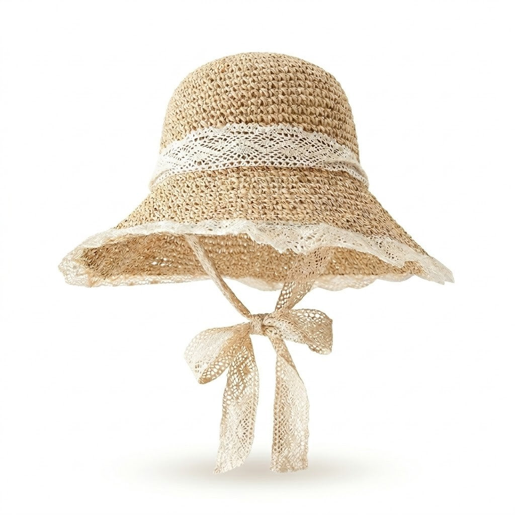 Anna-Kaci Women's Wide Brim Straw Sun Hat with Lace Trim & Tie, UV Protection Summer Beach Hat