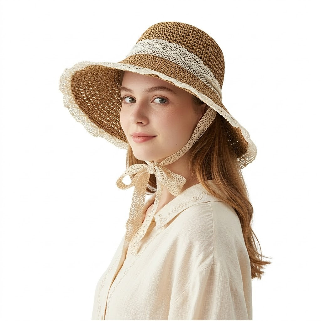 Anna-Kaci Women's Wide Brim Straw Sun Hat with Lace Trim & Tie, UV Protection Summer Beach Hat