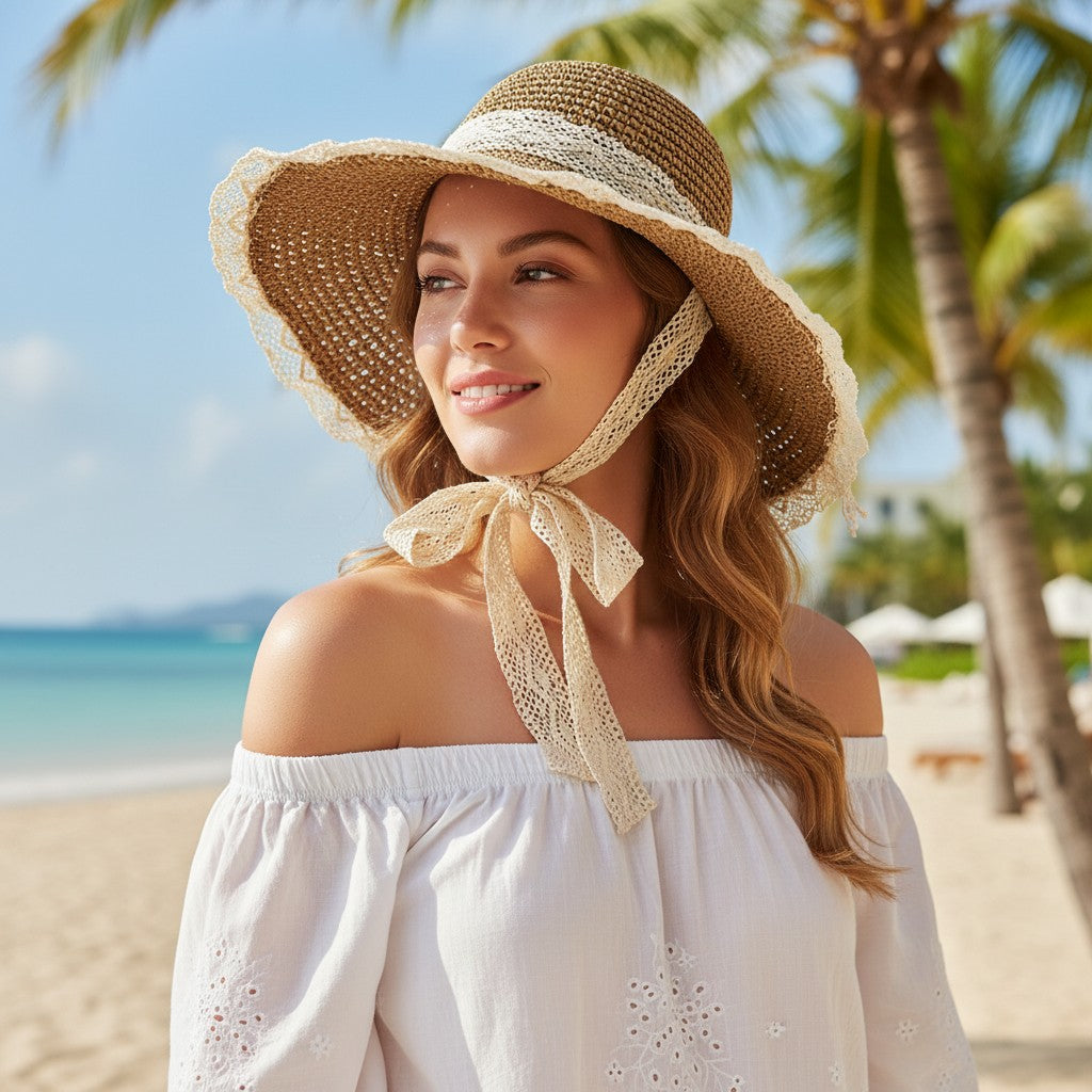 Anna-Kaci Women's Wide Brim Straw Sun Hat with Lace Trim & Tie, UV Protection Summer Beach Hat