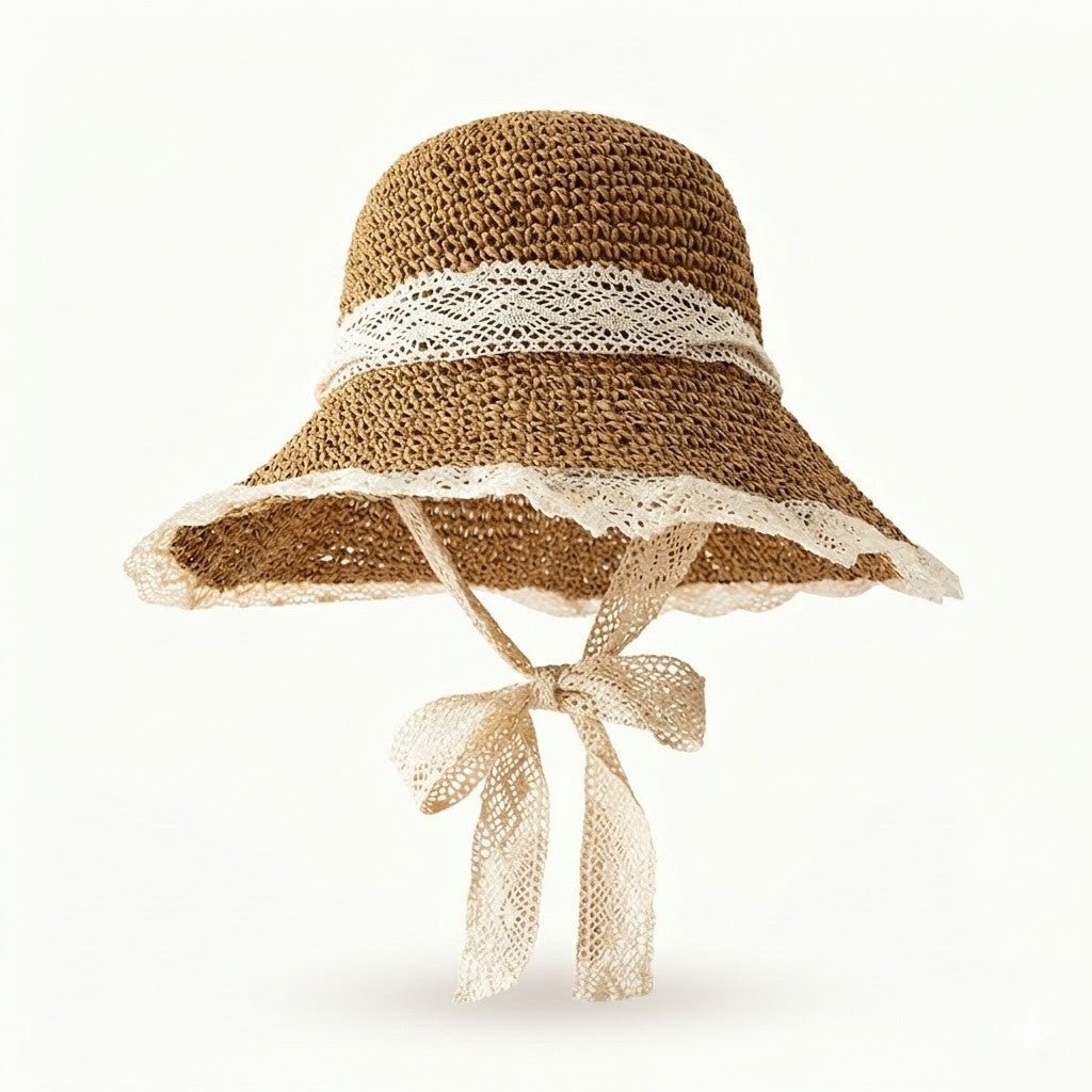 Anna-Kaci Women's Wide Brim Straw Sun Hat with Lace Trim & Tie, UV Protection Summer Beach Hat