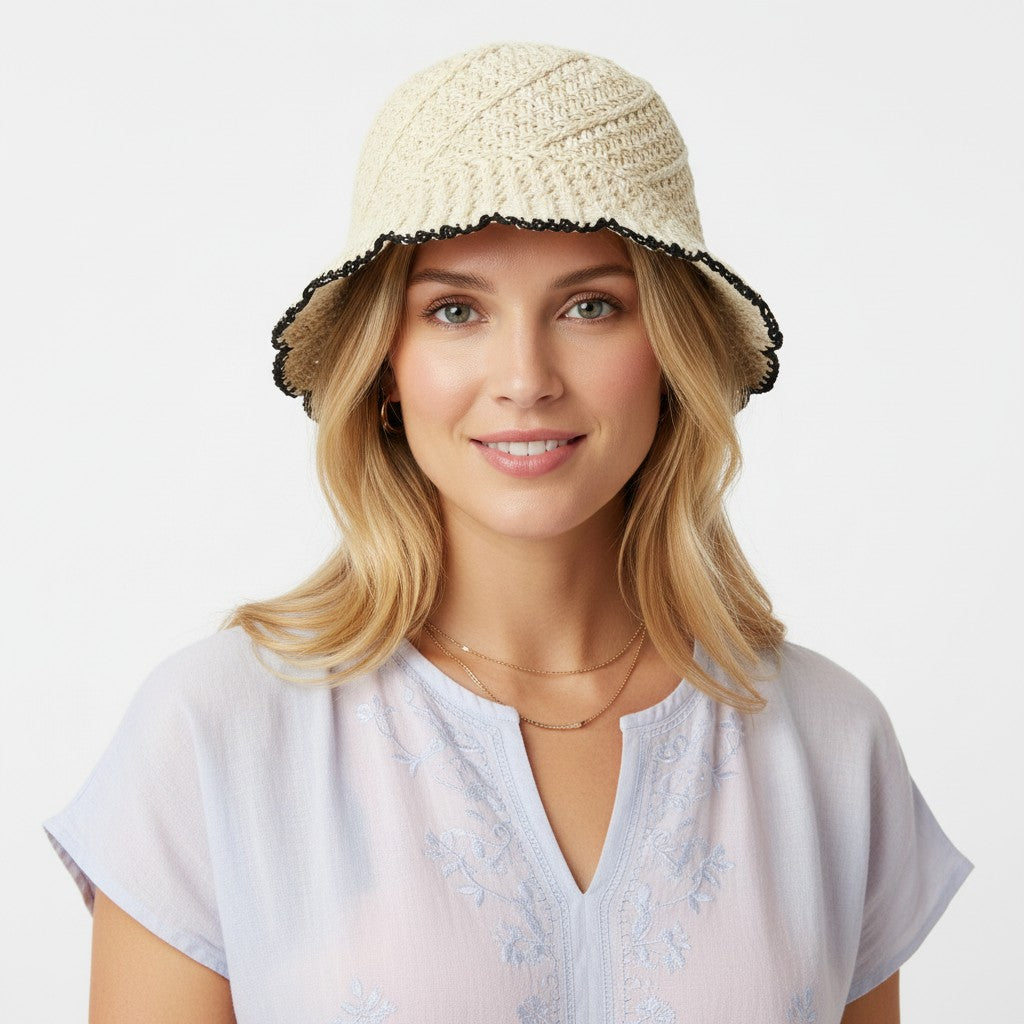 Anna-Kaci Women Crochet Straw Bucket Hat Scalloped Edge Wide Brim Summer Sun Hat
