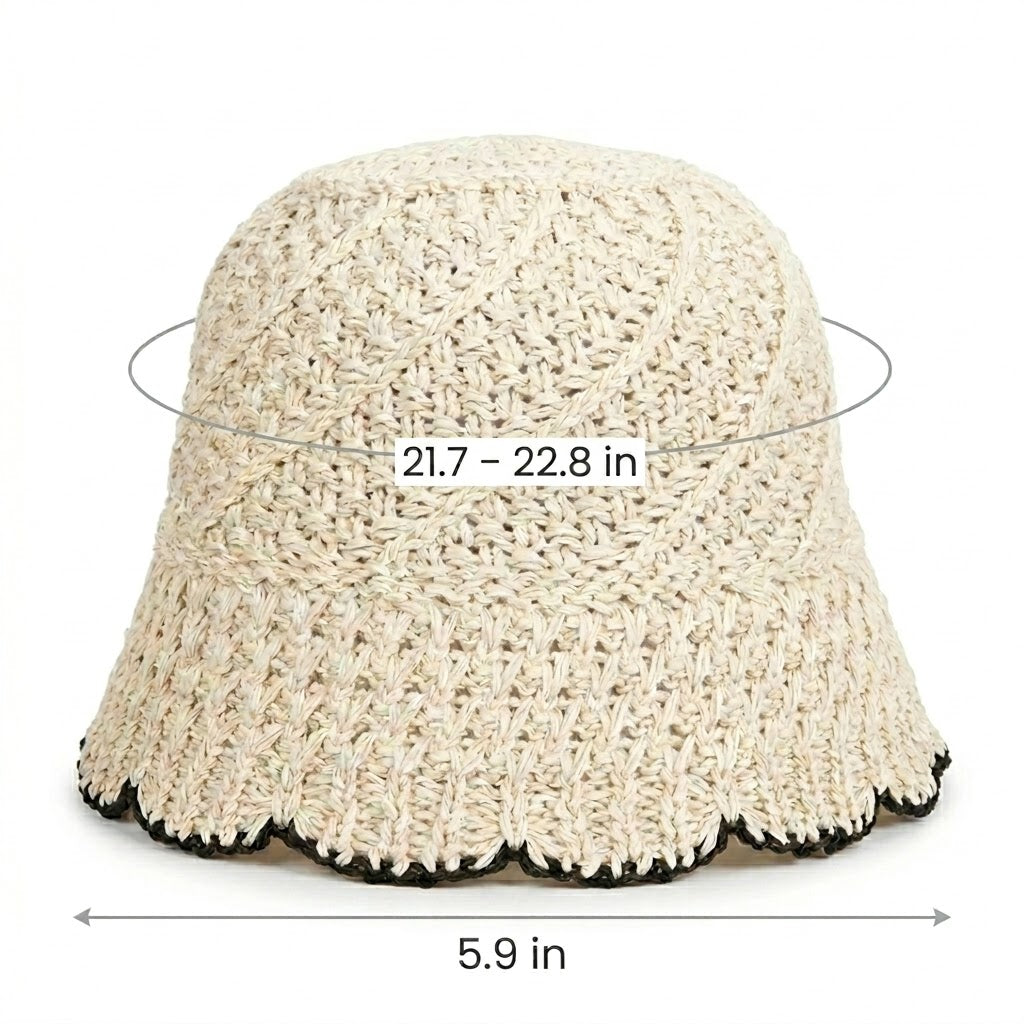 Anna-Kaci Women Crochet Straw Bucket Hat Scalloped Edge Wide Brim Summer Sun Hat