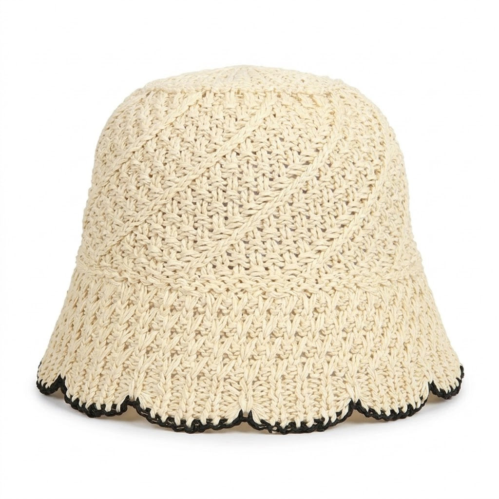Anna-Kaci Women Crochet Straw Bucket Hat Scalloped Edge Wide Brim Summer Sun Hat