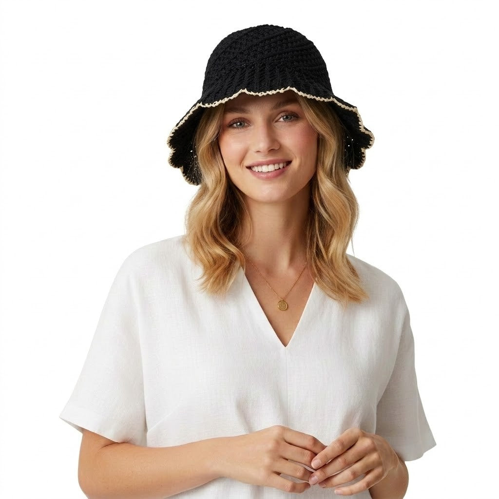 Anna-Kaci Women Crochet Straw Bucket Hat Scalloped Edge Wide Brim Summer Sun Hat