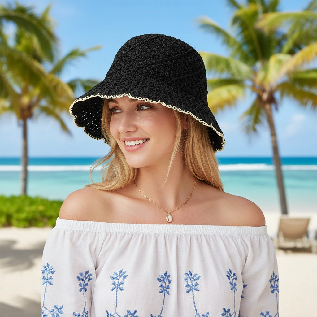 Anna-Kaci Women Crochet Straw Bucket Hat Scalloped Edge Wide Brim Summer Sun Hat