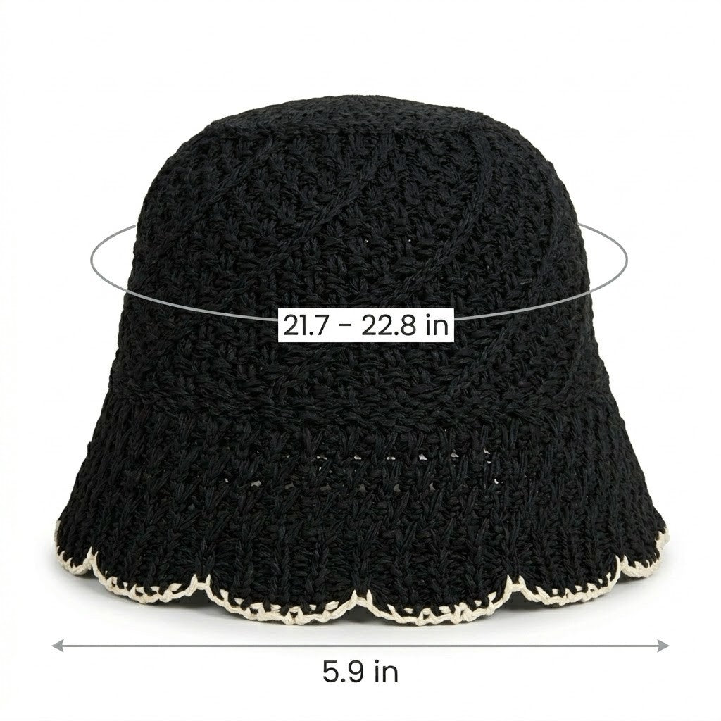 Anna-Kaci Women Crochet Straw Bucket Hat Scalloped Edge Wide Brim Summer Sun Hat
